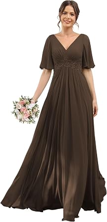 Womens Short Sleeve Bridesmaid Dresses V Neck Ruffles Chiffon Formal Evening Dress ZU144