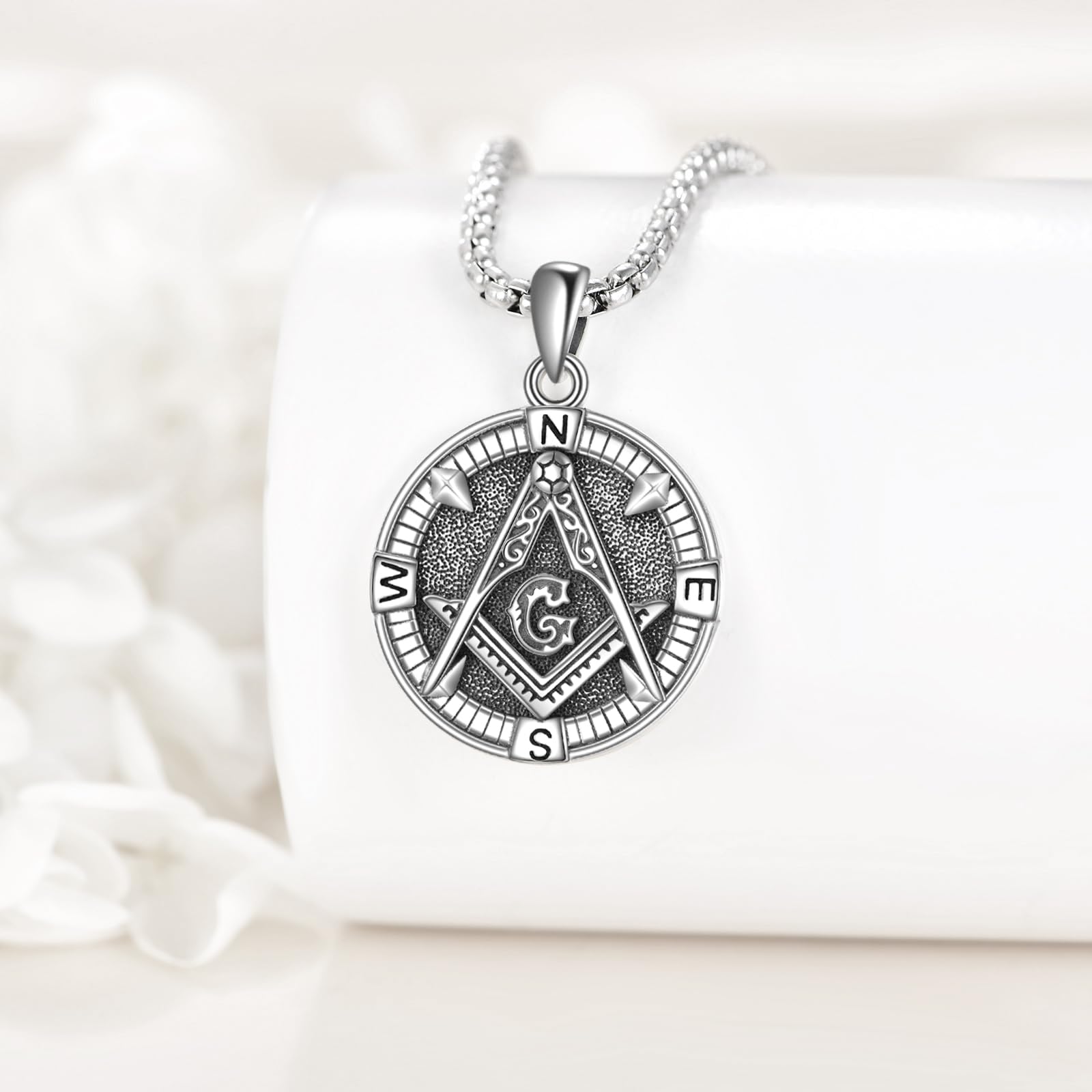 ONEFINITY Collar masónico de plata de ley 925 con colgante de brújula masónica, collar de masonería, símbolo de masón, joyería para hombre, talla única, Plata, No es una piedra preciosa