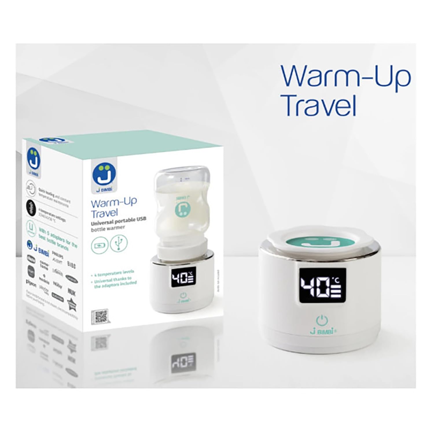 J BIMBI Warm-Up Travel Scaldabiberon Portatile Universale, Riscalda Latte per Neonati con Batteria Ricaricabile, 4 Temperature