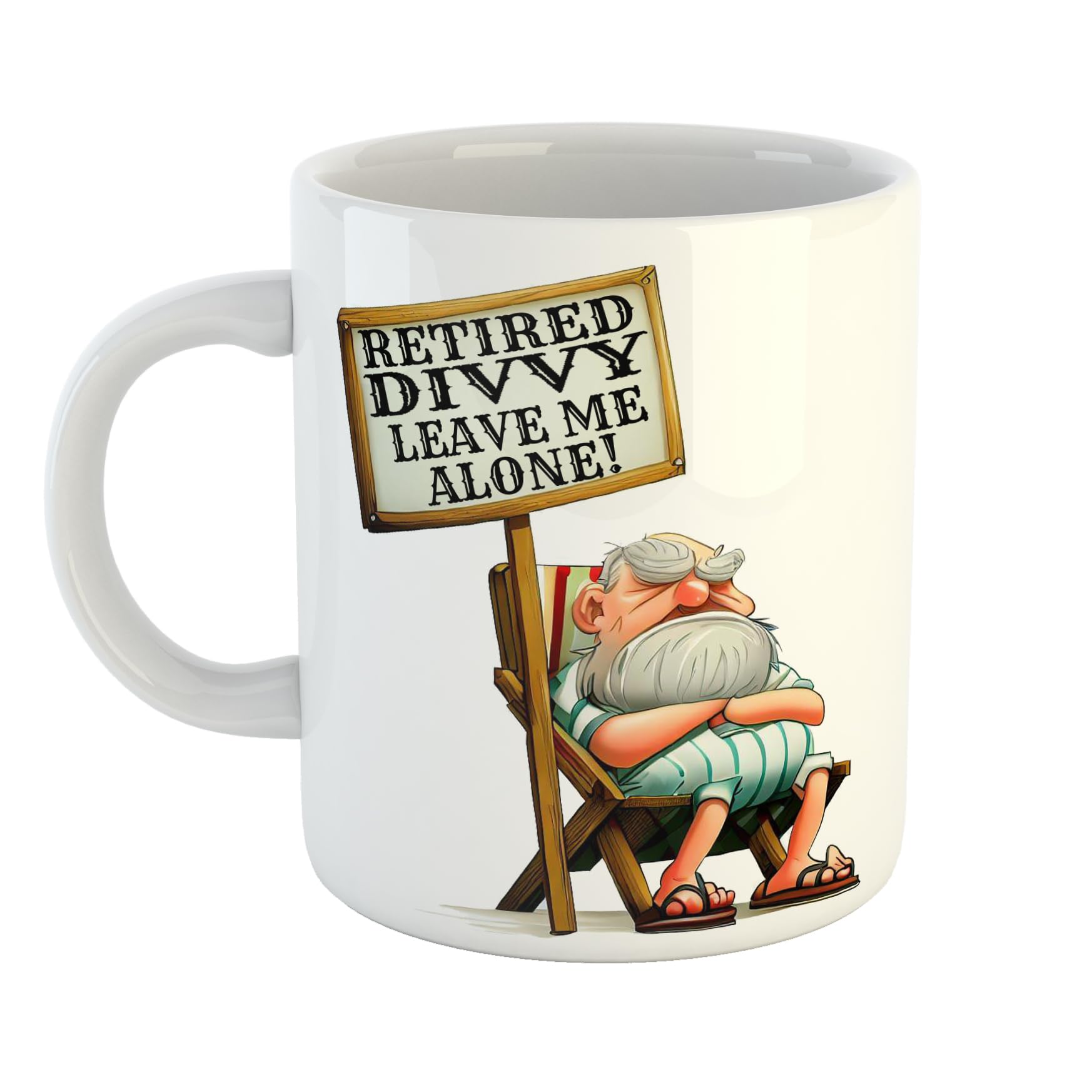Just The Shirt Grumpy Retired Divvy Leave Me Alone Mug, Old Man on Deckchair Holding Sign, 11 oz Ceramic Mug
