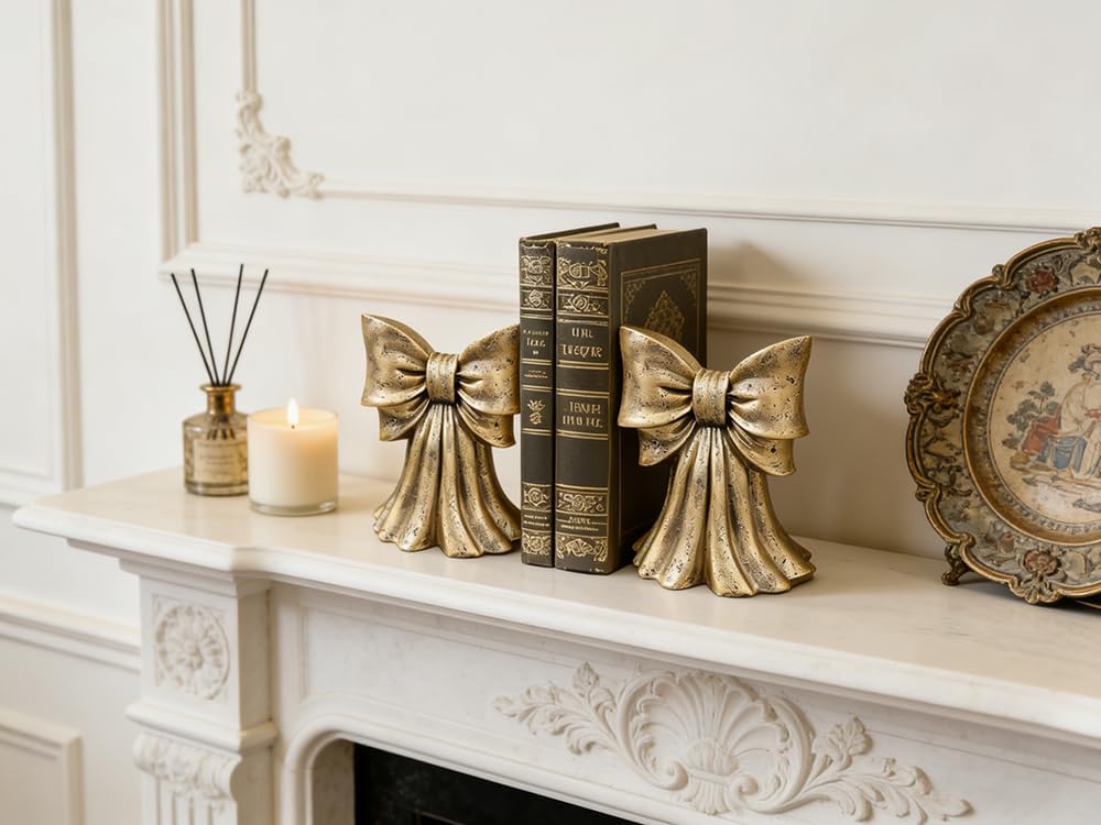 Vintage Gold Bow Bookends Set of 2 for Large Heavy Books – Heavy Duty Resin Shelf & Desk Organizer for Home Office Decor