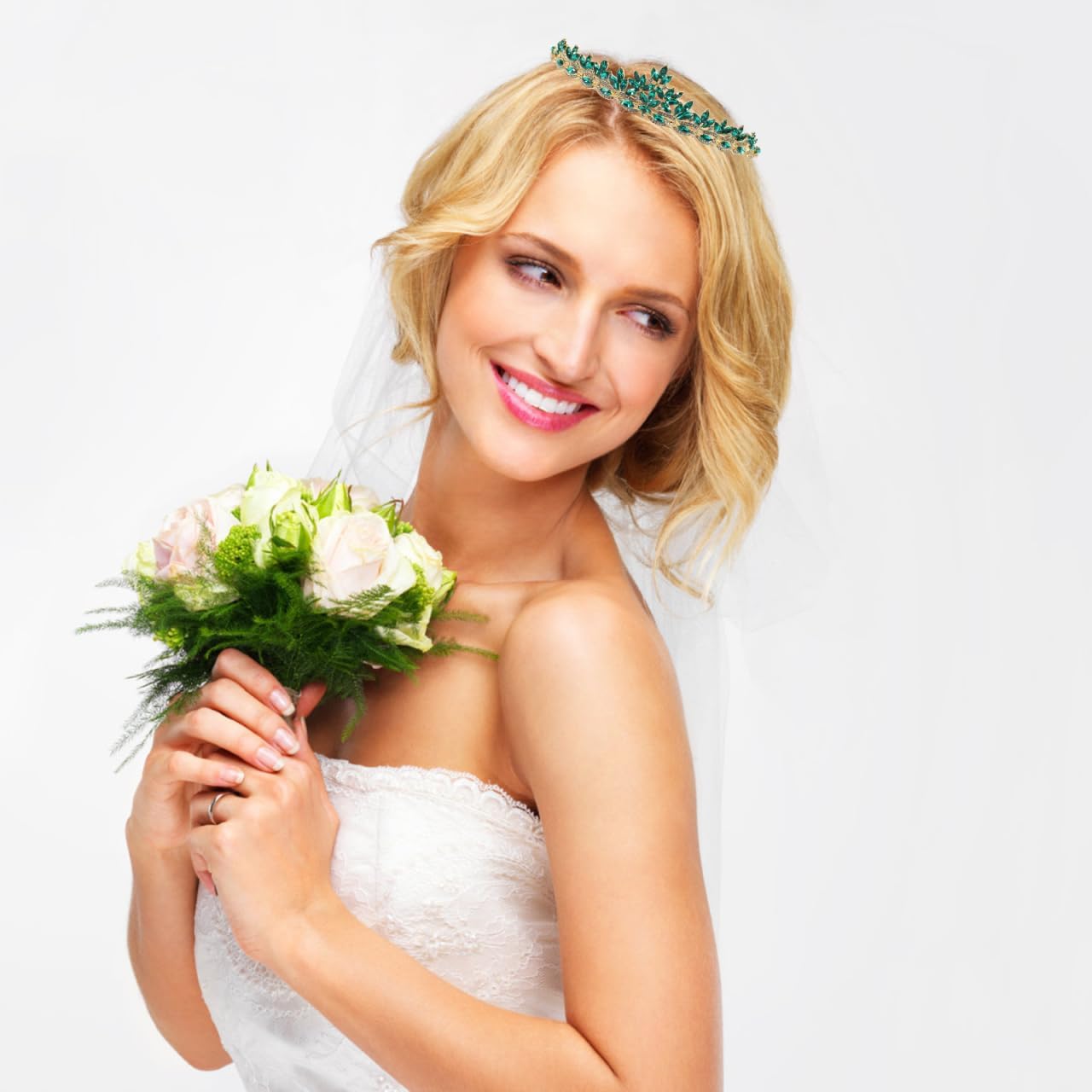 Didiseaon Leaves Crown Tiara Rhinestone Headband Hair Band Elegant Headdress for Women Bridal Girls Wedding Hair Accessories (Green) - Image 2