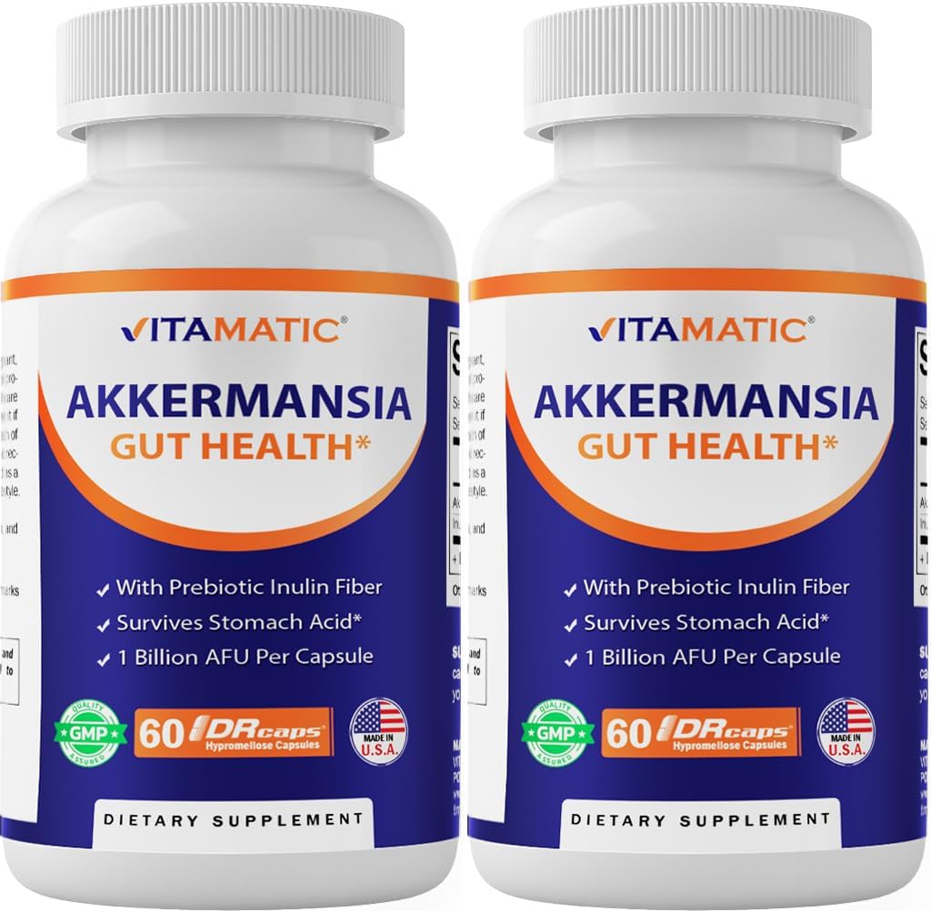 Vitamatic Akkermansia Muciniphila Gut Health - 60 DR Capsules (Delayed Released) - Made with Prebiotic Inulin Fiber - 2 Pack (120 DR Caps)