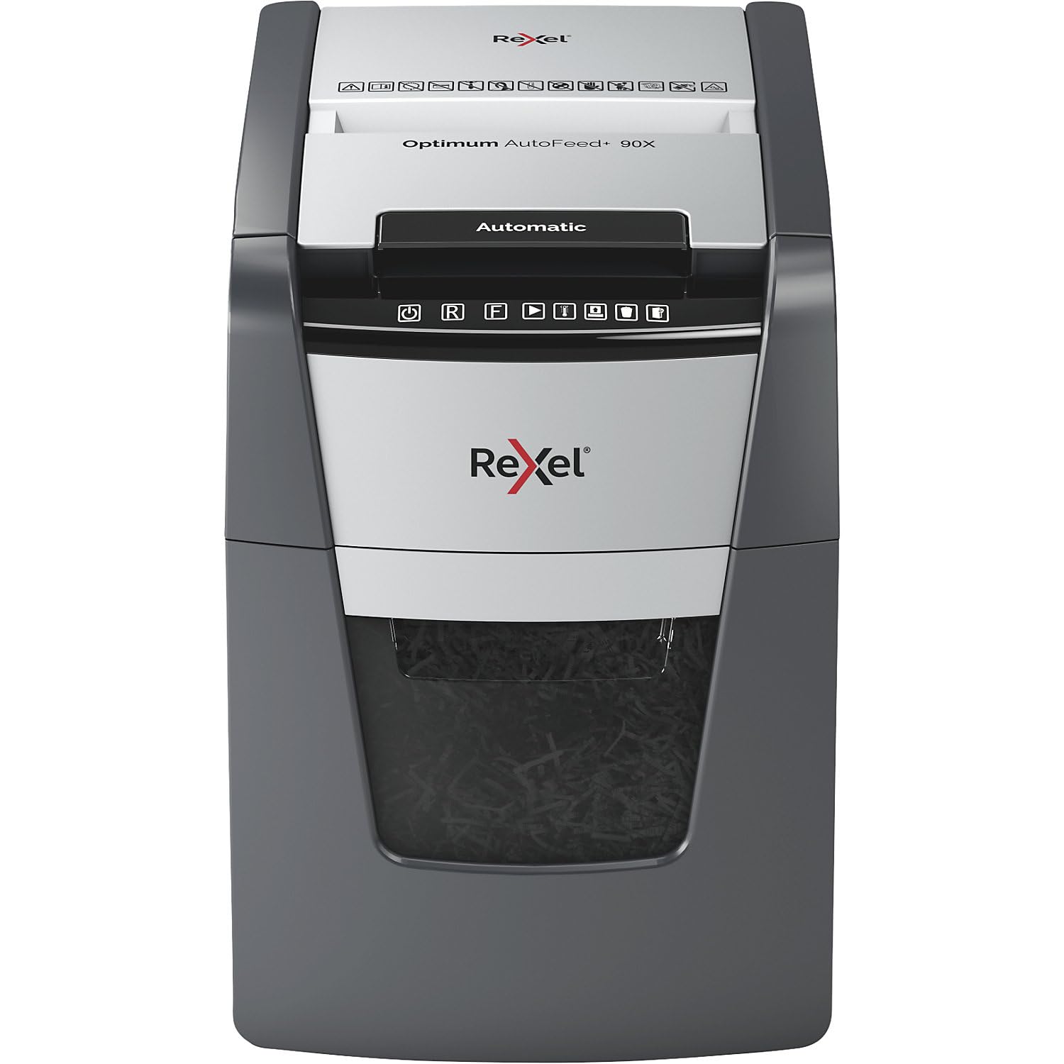 Rexel Optimum AutoFeed+ 90X 2020090XCH - Destructora automática CH, 90 hojas, nivel de seguridad P4, corte de partículas, para casa y oficina en casa, contenedor de basura de 34 litros, con enchufe