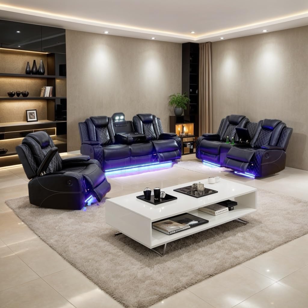 PonLiving Multifunction Power Air Leather Recliner Sofa Set, Living Room Furniture, Reclining Sofa, loveseat, Chair with USB Port/Storage Console/Cup Holders (Black, 3 Pieces)