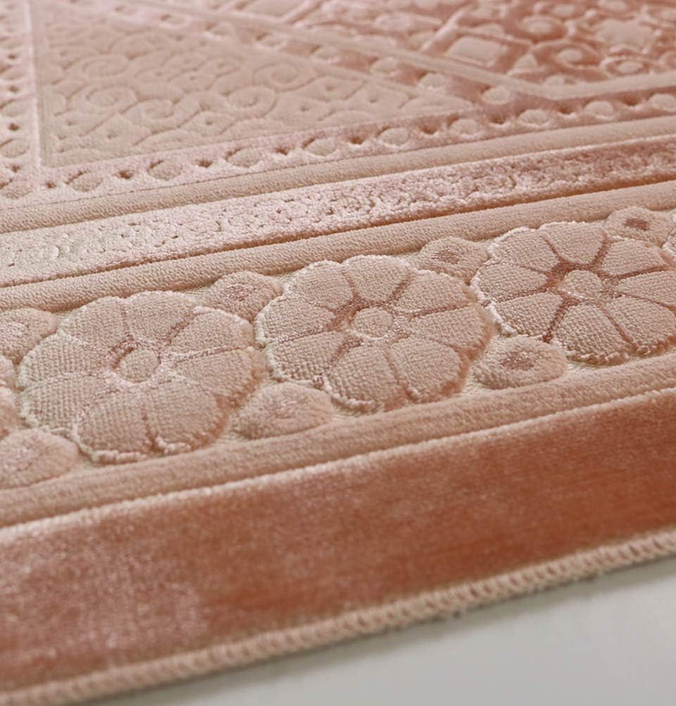 Modefa Velvet Prayer Rug with Prayer Beads Turkish Janamaz Sajadah Floral Stamp Luxury Plush (Light Pink)