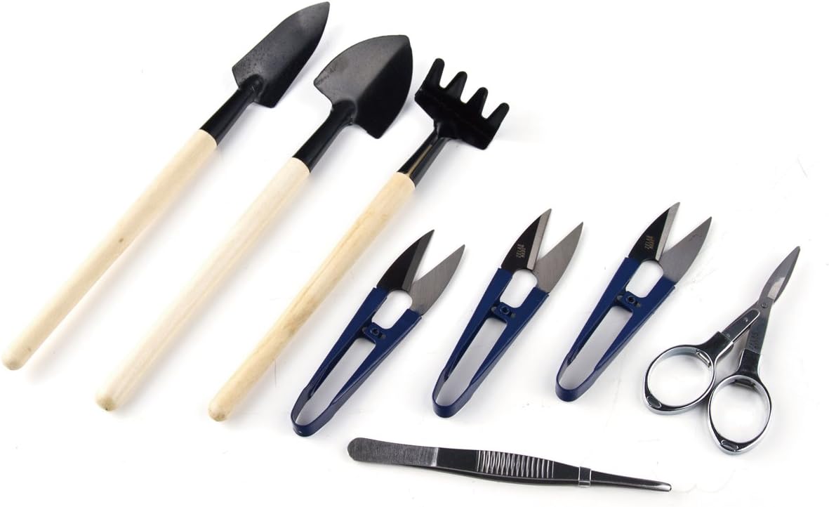ZELAR MADE Bonsai Tools Set Mini Gardening Hand Tools Set Include Pruner,Fold Scissors,Mini Rake,Bud & Leaf Trimmer 8 Set