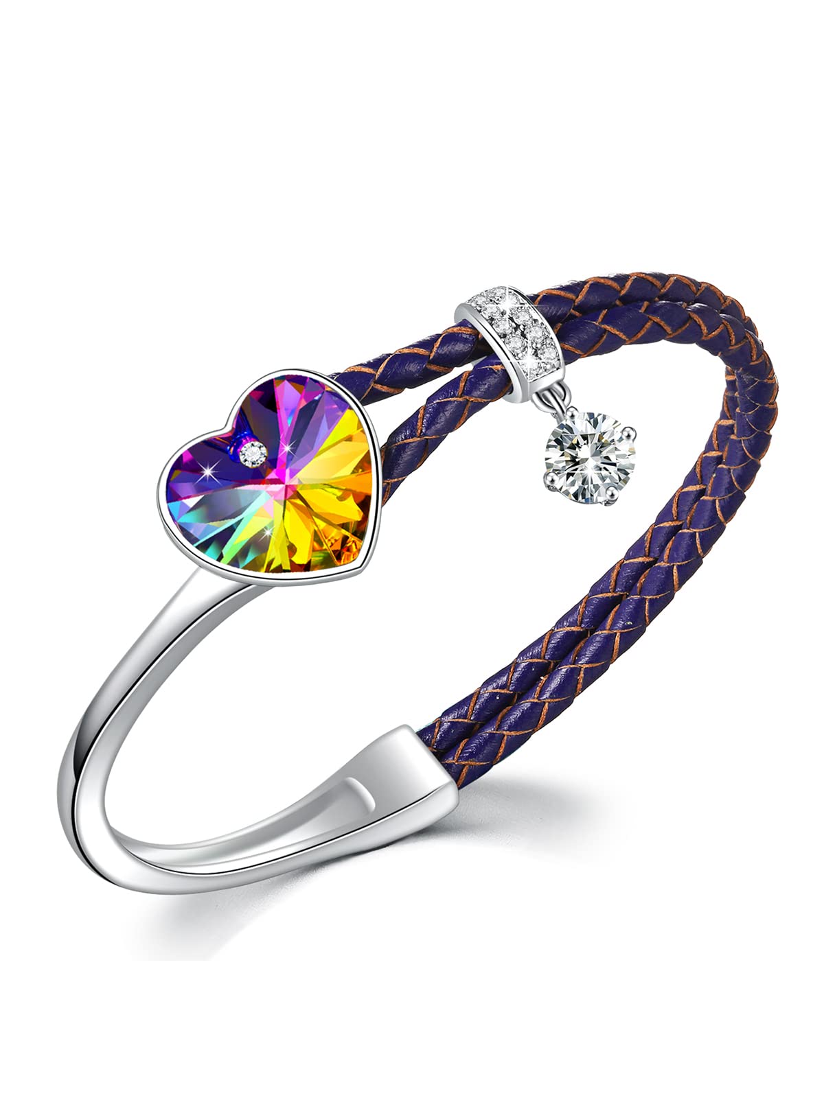 SUE'S SECRET Bracciale In Pelle Con Cuore Di Cristalli E Zirconi - Bracciale Rigido, Regalo Unico Per Mamma, Anniversario, San Valentino