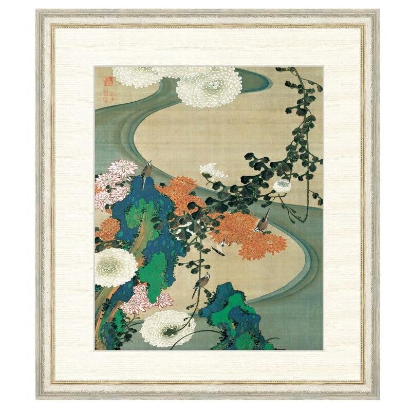 伊藤若沖、菊花流水図、超希少・大判画集画、新品高級額装付 伊藤若沖、菊花流水図、超希少・大判画集画、新品高級額装付 動