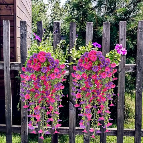 4 Pack Artificial Hanging Flowers, Fake Flower Morning Glory with Eucalyptus Leaves for Spring Summer Decoration, UV Resistant Look Real for Outdoor Home Indoor Planter Porch Patio image 7
