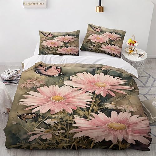 OmErsa Juego de funda de edredón de flores tamaño matrimonial, 3 piezas, funda de edredón con patrón floral y 2 fundas de almohada, microfibra