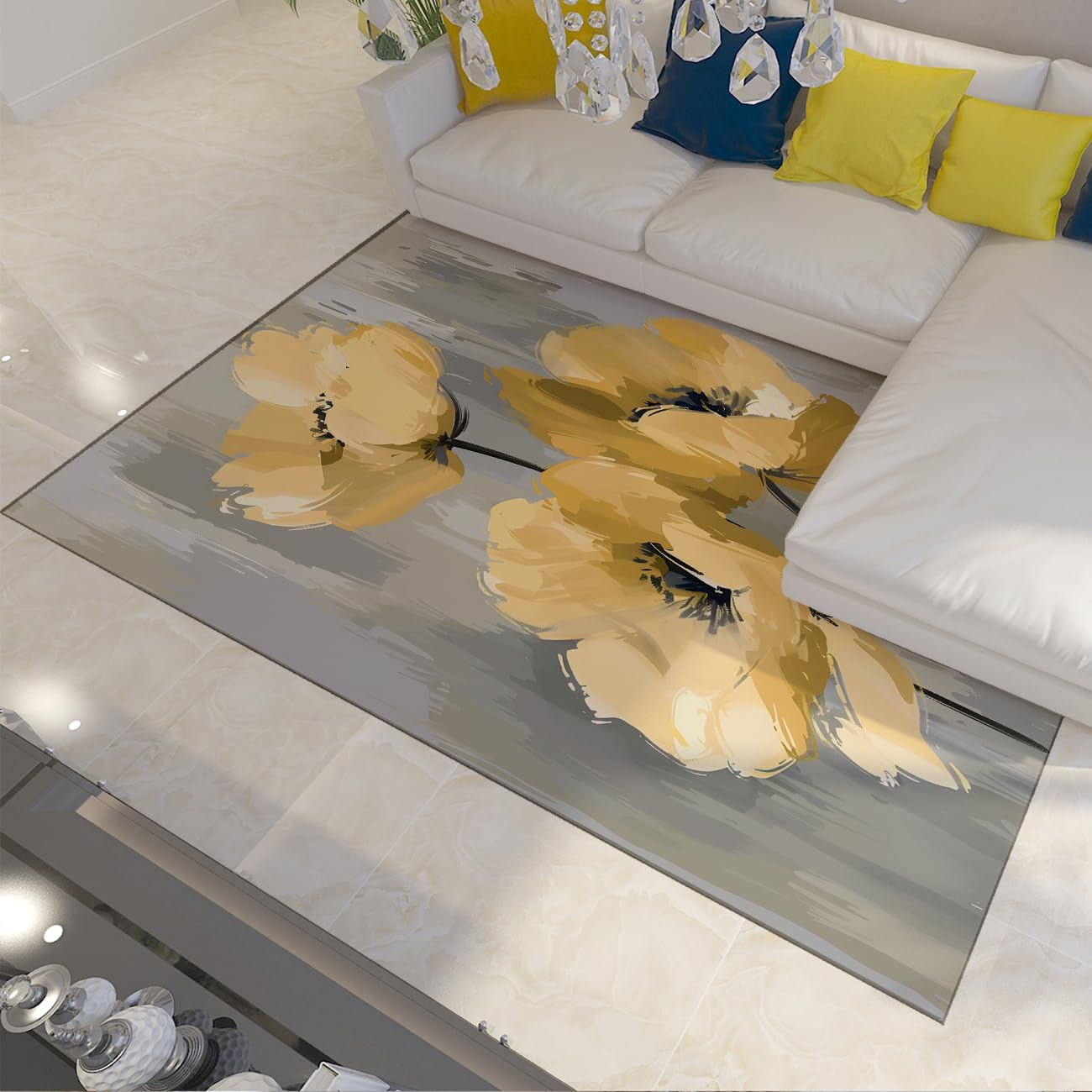 Tapis coquelicot jaune pour chambre à coucher et salon style boho naturel gris