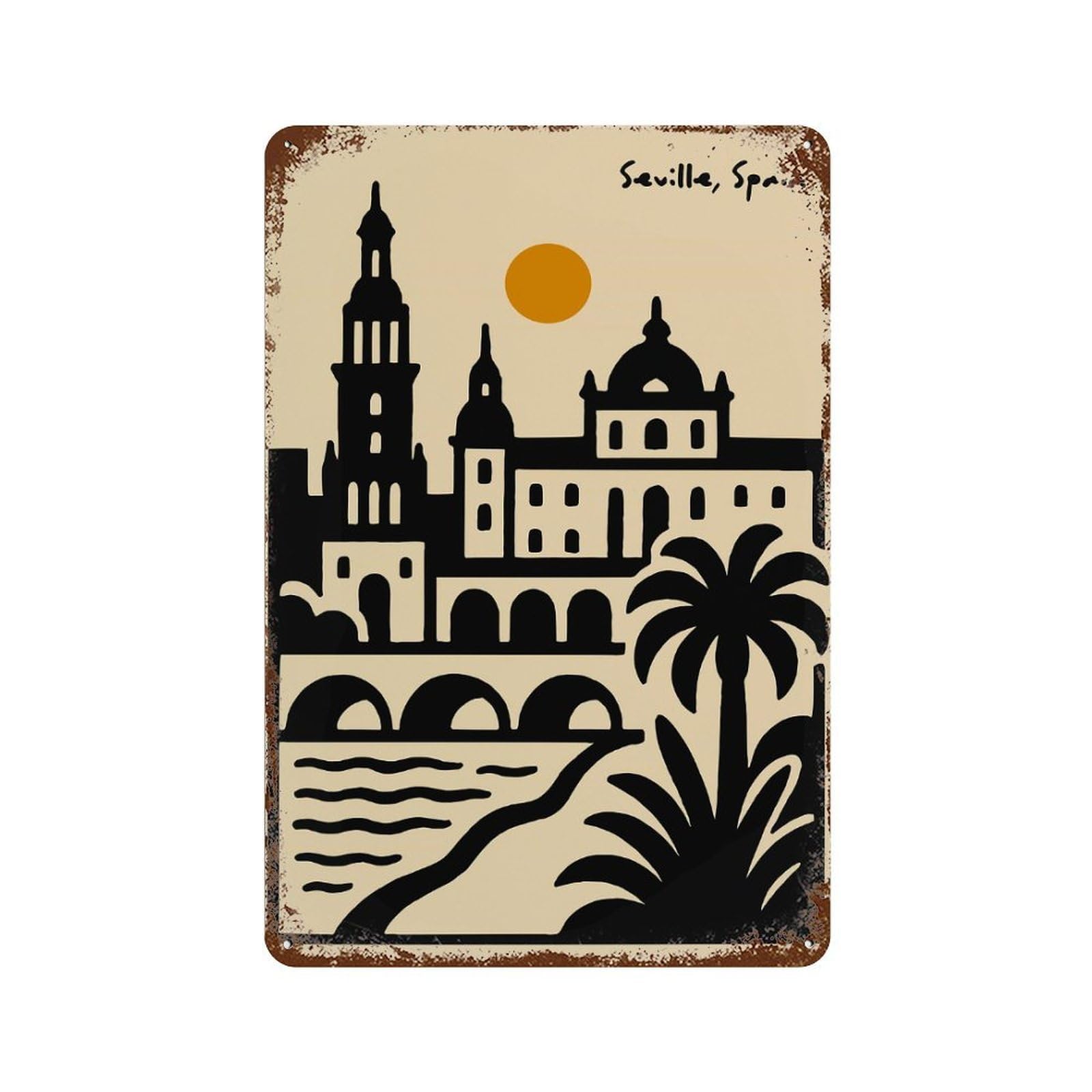 Seville, Spain Cityscape Illustration Rustic Tin Plaque 11.8"x7.9", Rustic Home Decor for Office, Studio And Wall Decor