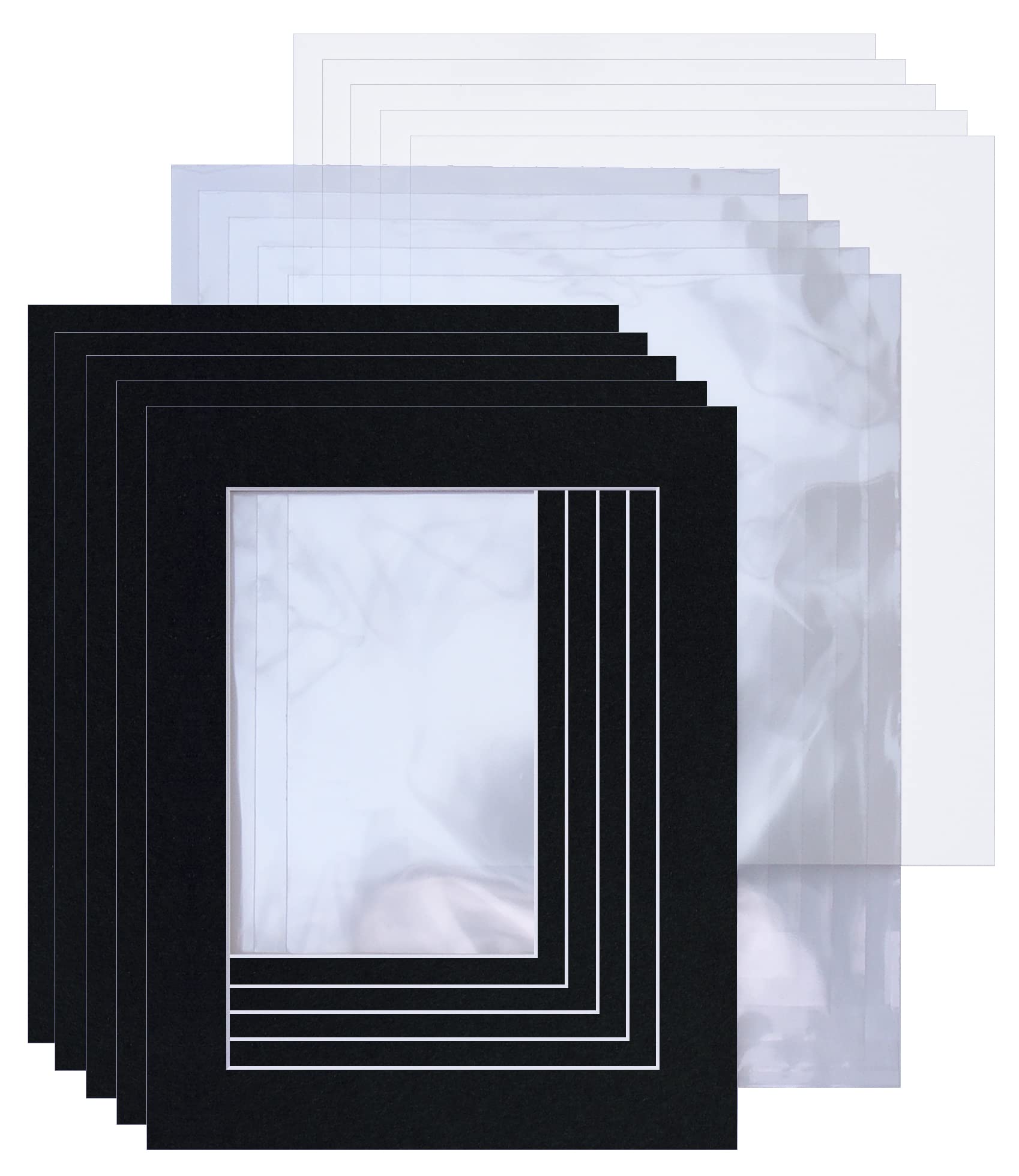 Picture Mounts with Backs & Bags, Frame Size A4, Choice of Picture Size and Colour, Pack of 5 [Black (White-core), A4 with 25mm Border]