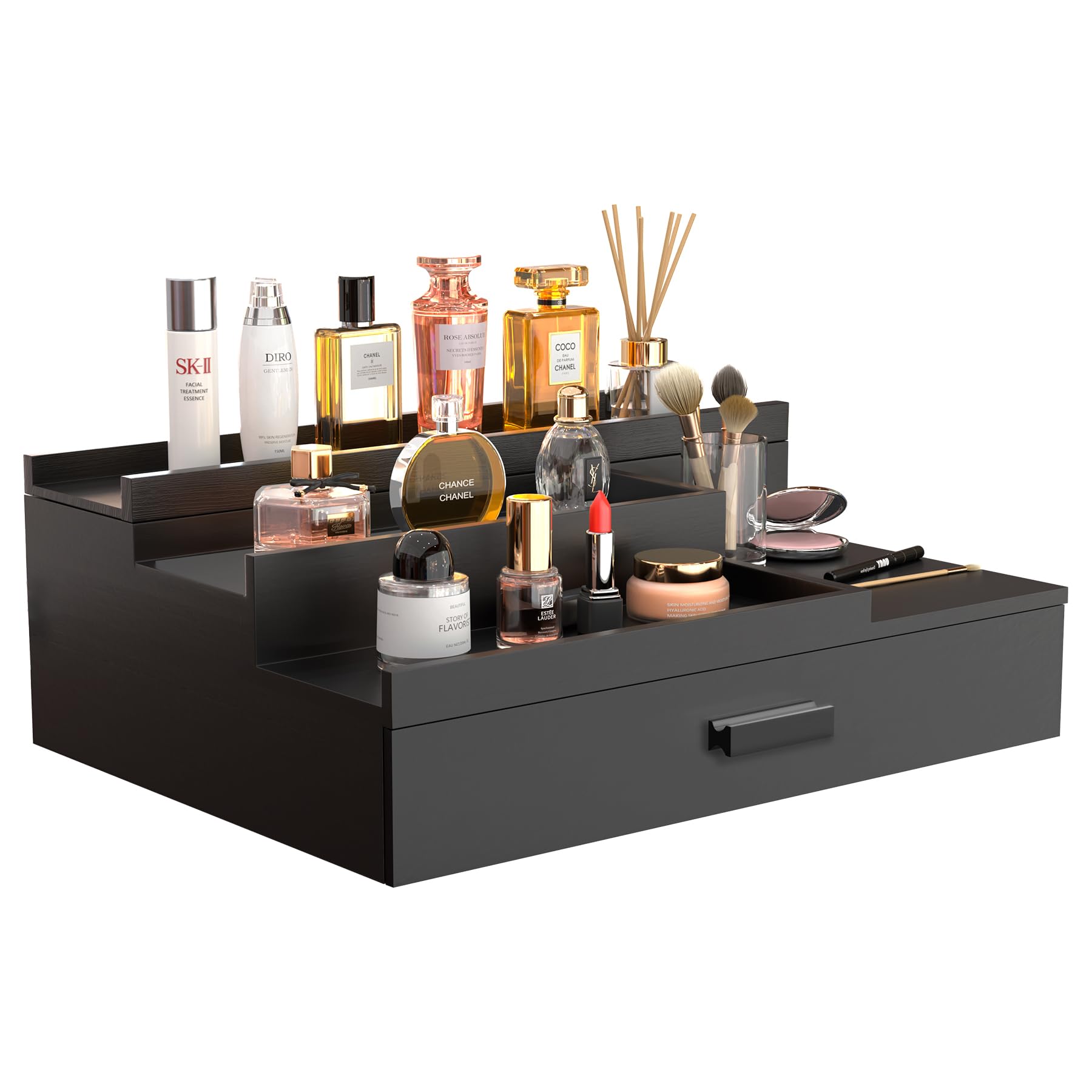 OCPO HOME Parfüm Organizer Herren, Köln Organiser Parfüm Ständer Display, Holz Parfum Ständer Kosmetik Organizer, Schwarz Parfüm Halter mit Schublade und verstecktem Fach Kosmetik