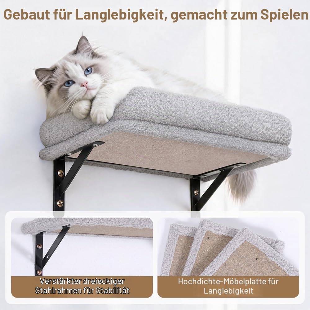 PawGiant 5-in-1 Kletterwand Katzen Set, Stabiles Holz Katzen Wandelemente mit Kratzbaum Wand, Kratzbrett, Katzenhöhle, Hängebrücke und Ruhe, bis 18 kg, Hellgrau