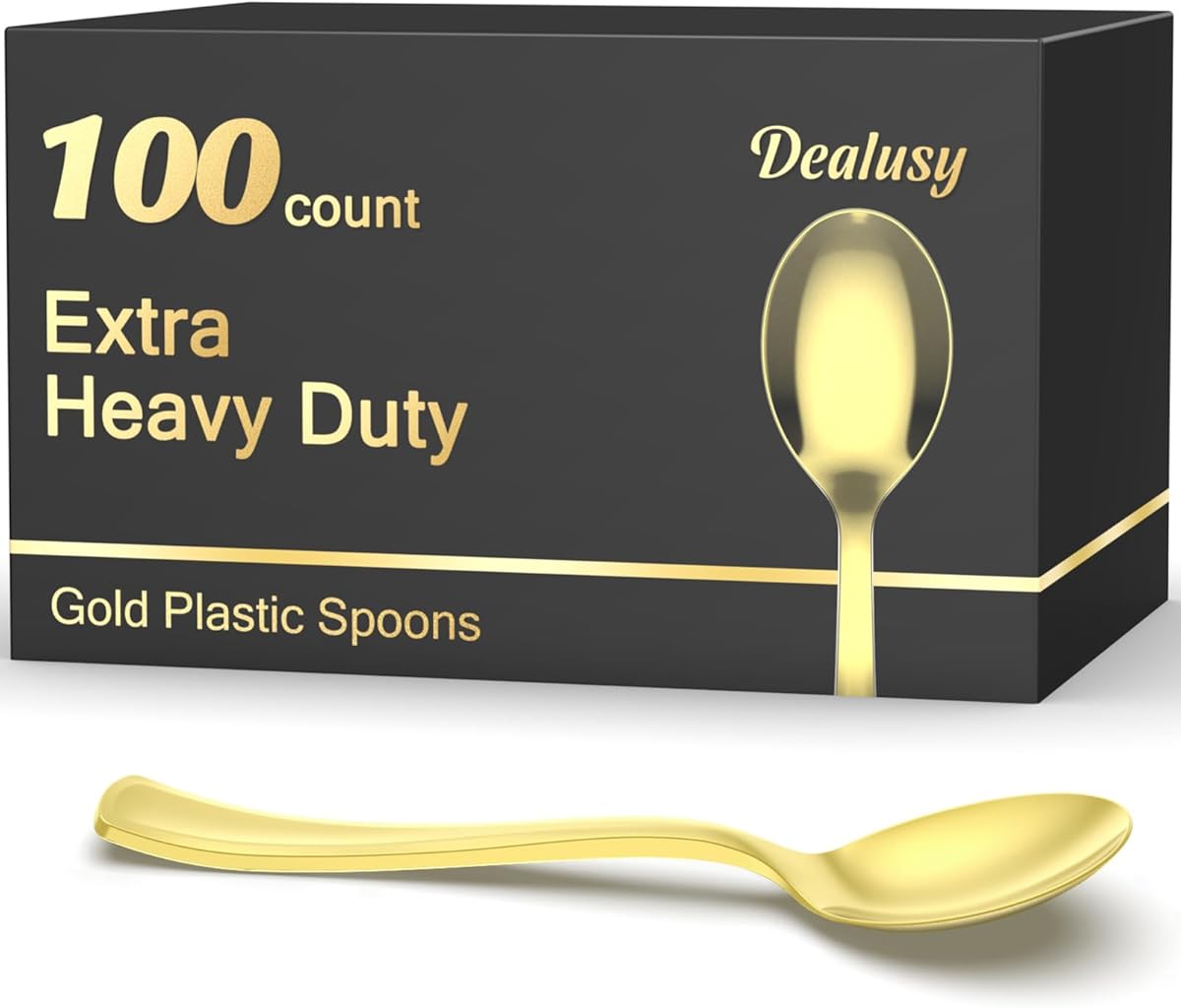 100 Count Heavy Duty Gold Plastic Spoons Disposable, BPA-Free, Heat Resistant, Solid and Durable Premium Plastic Disposable Spoons for Party Supply