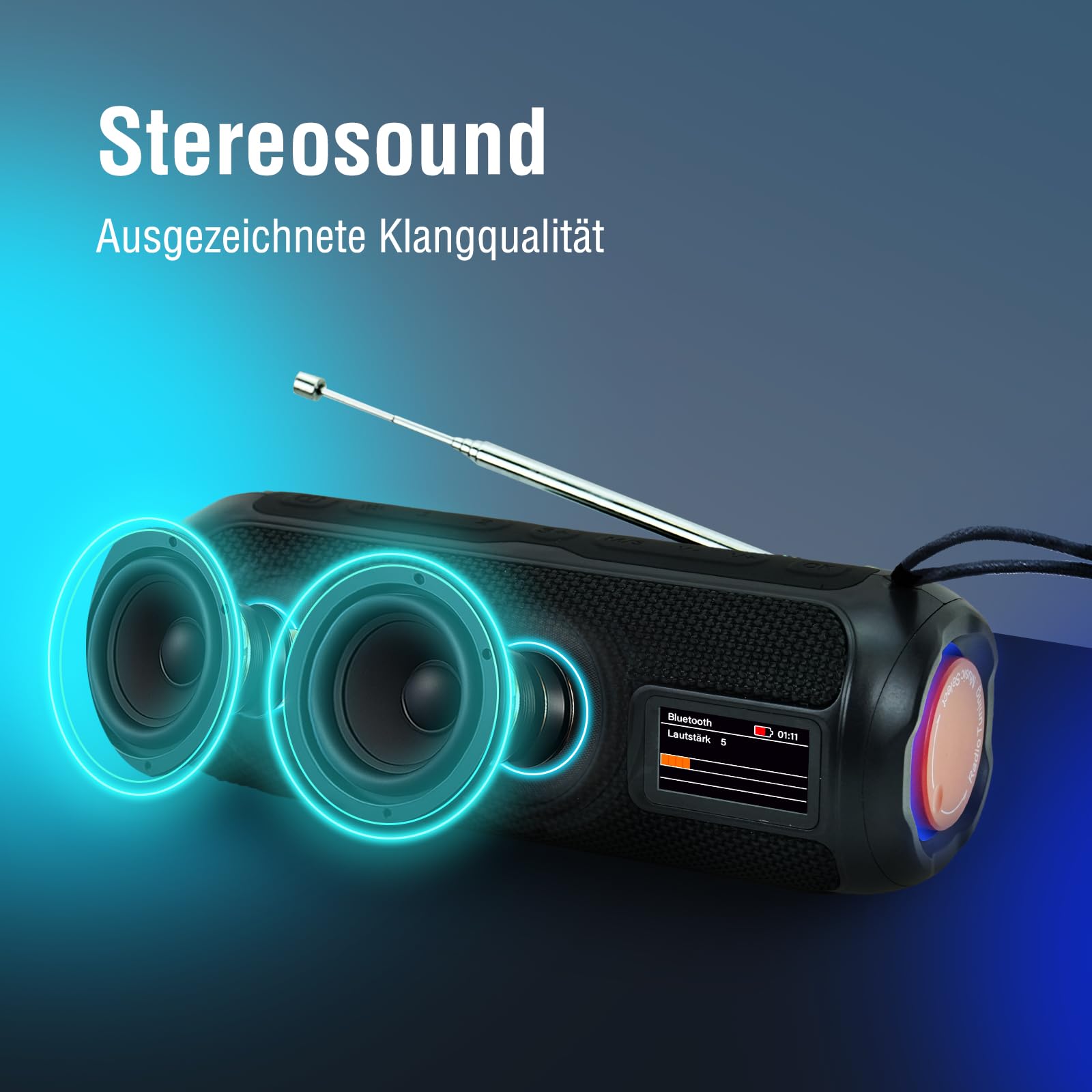 LEICKE Radio Dab+ Tube - Enceinte Bluetooth Portable avec Dab+/FM, Batterie 4500mAh, lumières LED RGB, Son stéréo 10W, égaliseur, Charge USB-C, Connexion Micro SD/AUX, Fonctionne sur Secteur et sur