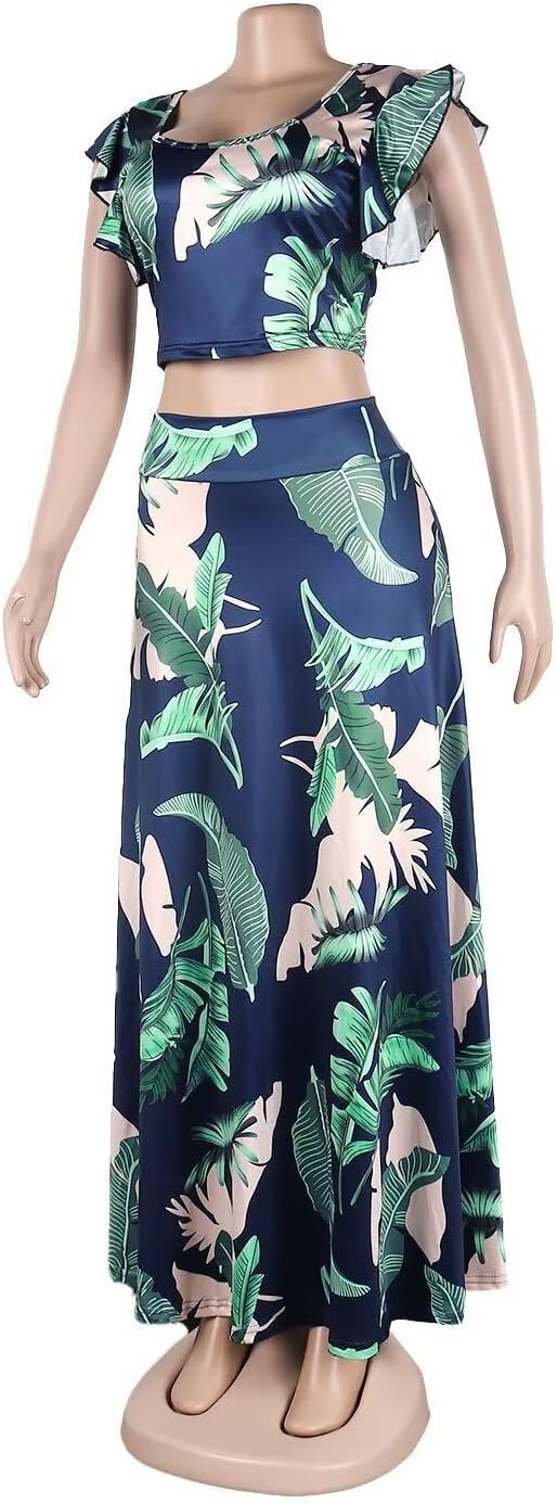 2 Piece Outfits for Women Sexy Skirt Set Ruffle Printed Crop Top and Boho Tropical Maxi Dress Sets - Image 3