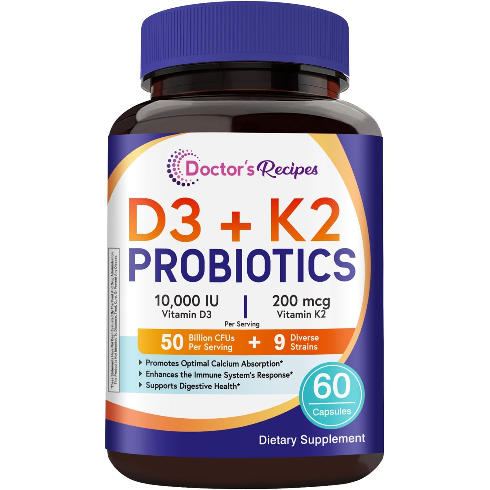 Doctor's Recipes Vitamin D3 K2 with Probiotics for Women & Men, 10000 IU D3, 200 mcg K2 for Bone & Immune Health, 50 Billion CFU Probiotics with Akkermansia Muciniphila for Gut Balance, 60 Caps