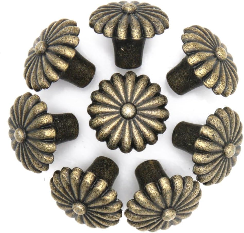 LXZ 8 PCs Vintage Antique Brass Knobs Handles – Distressed Antique Brass Knob Pulls with Embossed Flower Pattern, Diameter 1.1-in (27 mm) Height 0.9-in (22 mm)