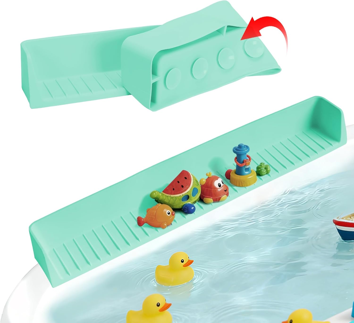 Bathtub Splash Guard for Tub Kids- 31" Extra Long Silicone Bath Play Shelf, Toy Tray & Caddy Holder, Prevent Water Spills & Messy Floors, Tub Edge Guard for Bathroom- Light Green