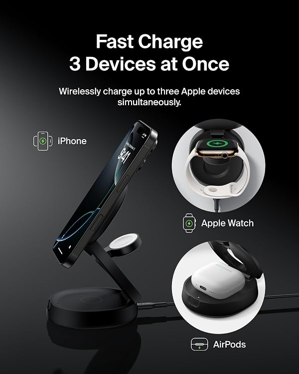 Belkin MagSafe Charger Compatible, 3-in-1 Qi2 Wireless Charging Station 15W, Convertible Wireless Charger for iPhone 17, Apple Watch, AirPods, Portable Phone Stand for Travel w/ 36W Adapter - Black by Belkin - Image 2