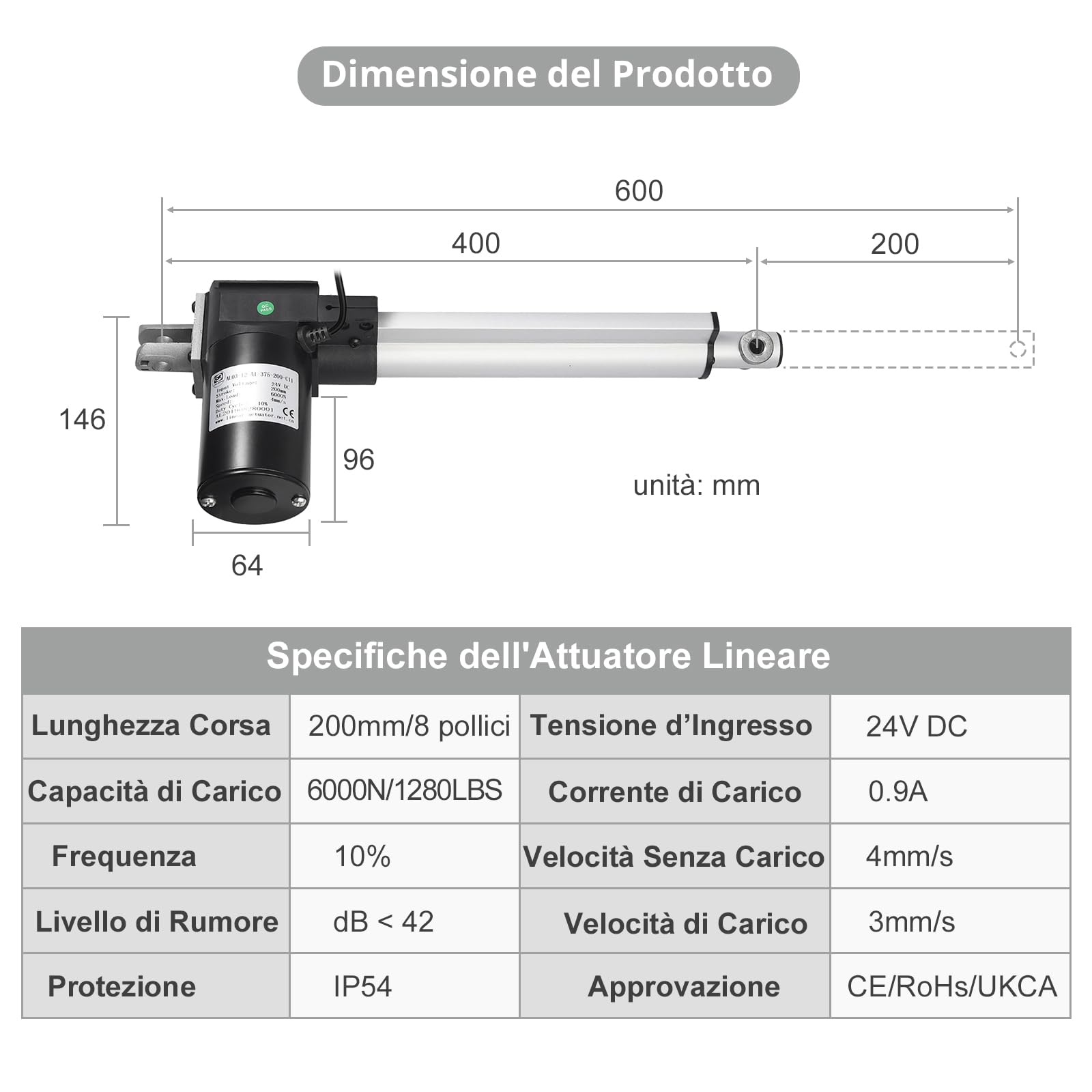 Justech Motore Elettrico DC 12V per Attuatore Lineare 6000N-200mm con Corsa Massima per Automobile Medica Apriporta Elettrici [Classe di efficienza energetica A+]