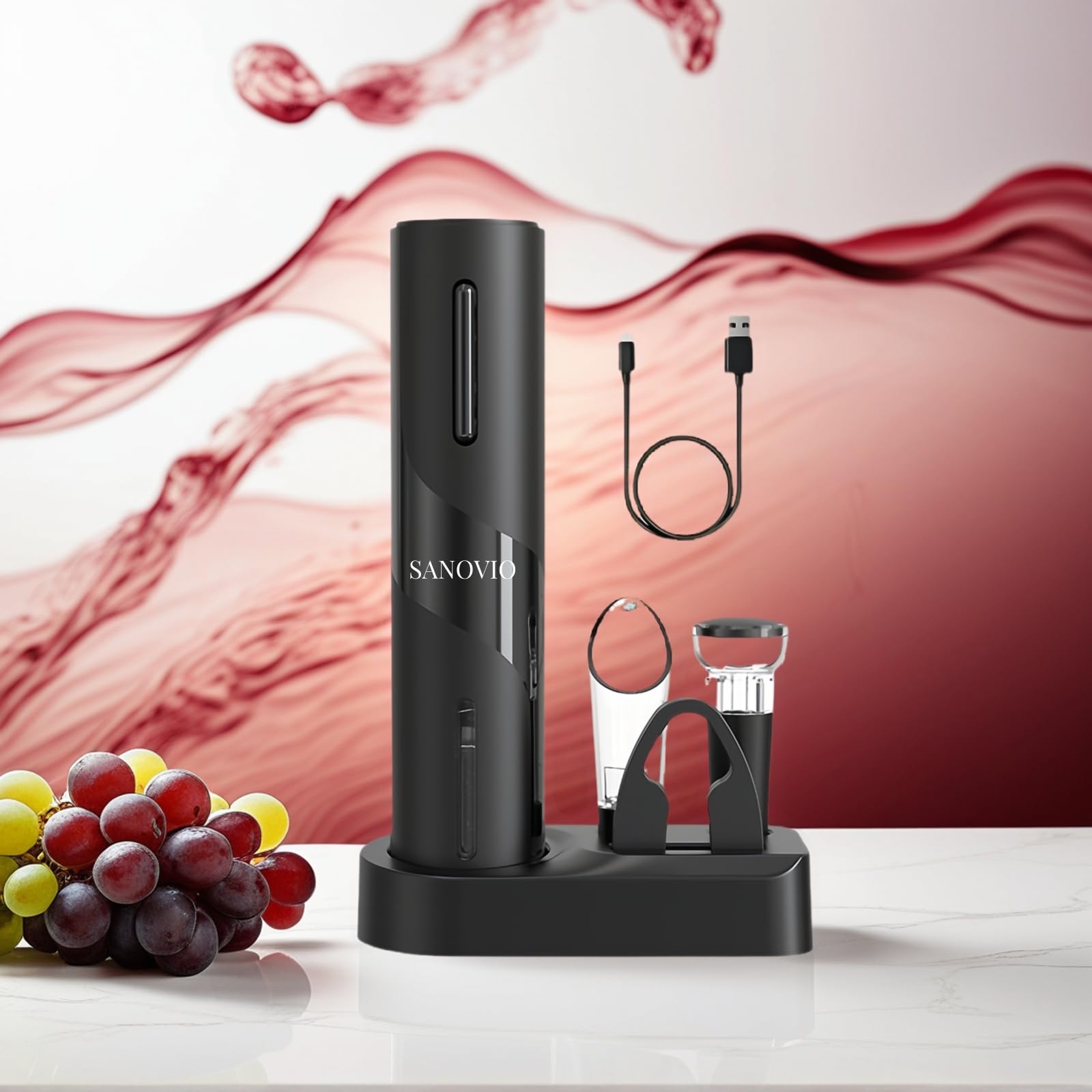 SANOVIO 6-in-1 Electric Wine Bottle Opener Set with Pourer,Foil Cutter, Stopper,Storage base Rechargeable USB-C Wine Opener Kit for Weddings, Restaurant, Outdoor Party, Wine Serving System(Black)