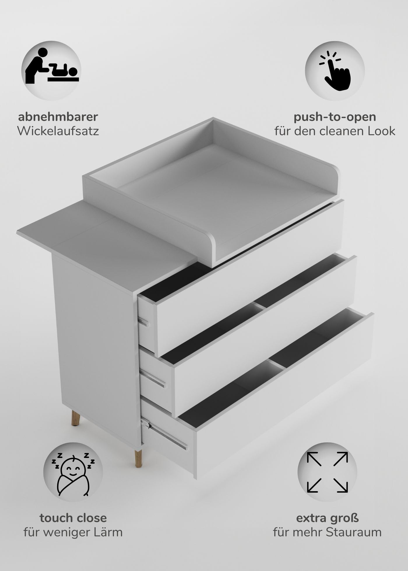 Sämann Wickelkommode EDEN – Push-to-Open, Touch-Close, abnehmbarer Wickelaufsatz & Schubladen mit Fächern (weiß)
