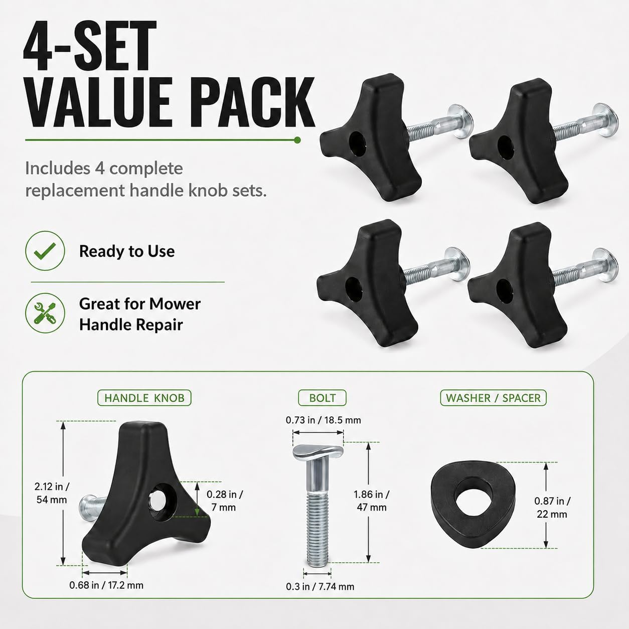 4-Pack Lawn Mower Handle Bolts,Triangle Handle Screw Replacement,With 8 Gaskets Sturdy And Durable Compatible With Murray, Ryobi,Honda Most Mowers, Universal Lawn Mower Parts And Accessories Kit