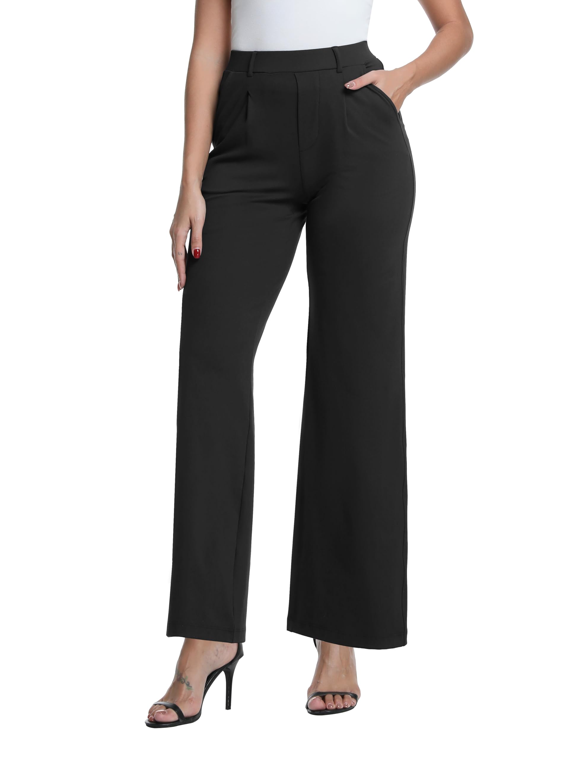 Womens Dress Pants Wide Leg Work Pants High Waisted Casual Stretchy Slacks Business Office Trousers with Pockets