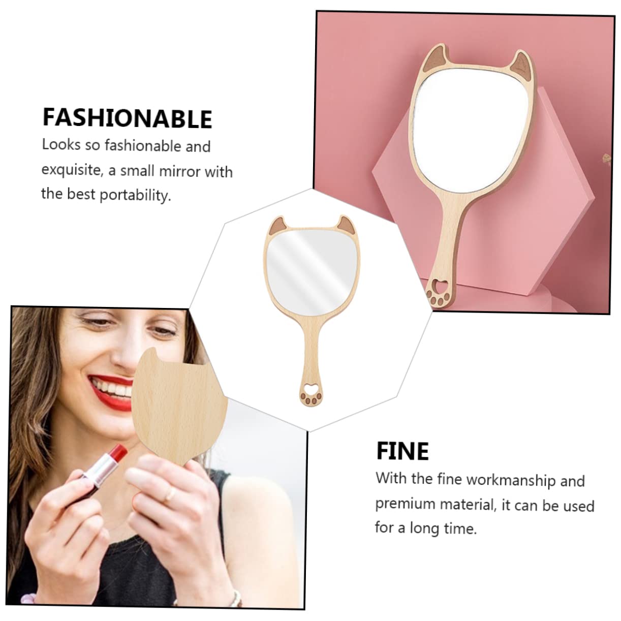 Mikinona Cute Animal Makeup Mirror Wooden Handle Handheld Portable Vintage Style