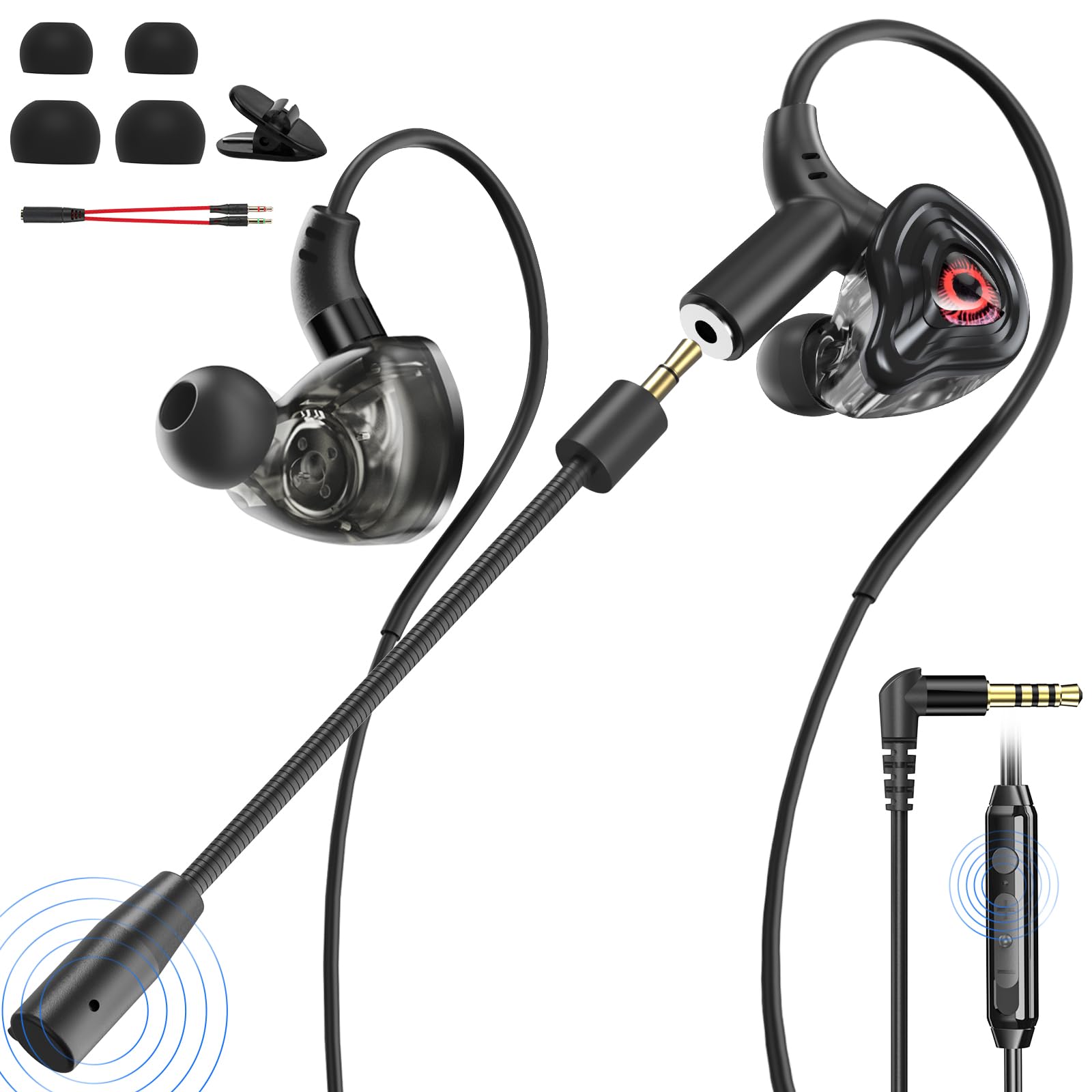 BraveKoi In Ear Gaming Headset, Wired Gaming Headphones with Mic 360° Surround Sound Intelligent Noise Reduction Dual Microphones, Ergonomic Design Gaming Earbuds for PC Xbox PS5 PS4 Switch