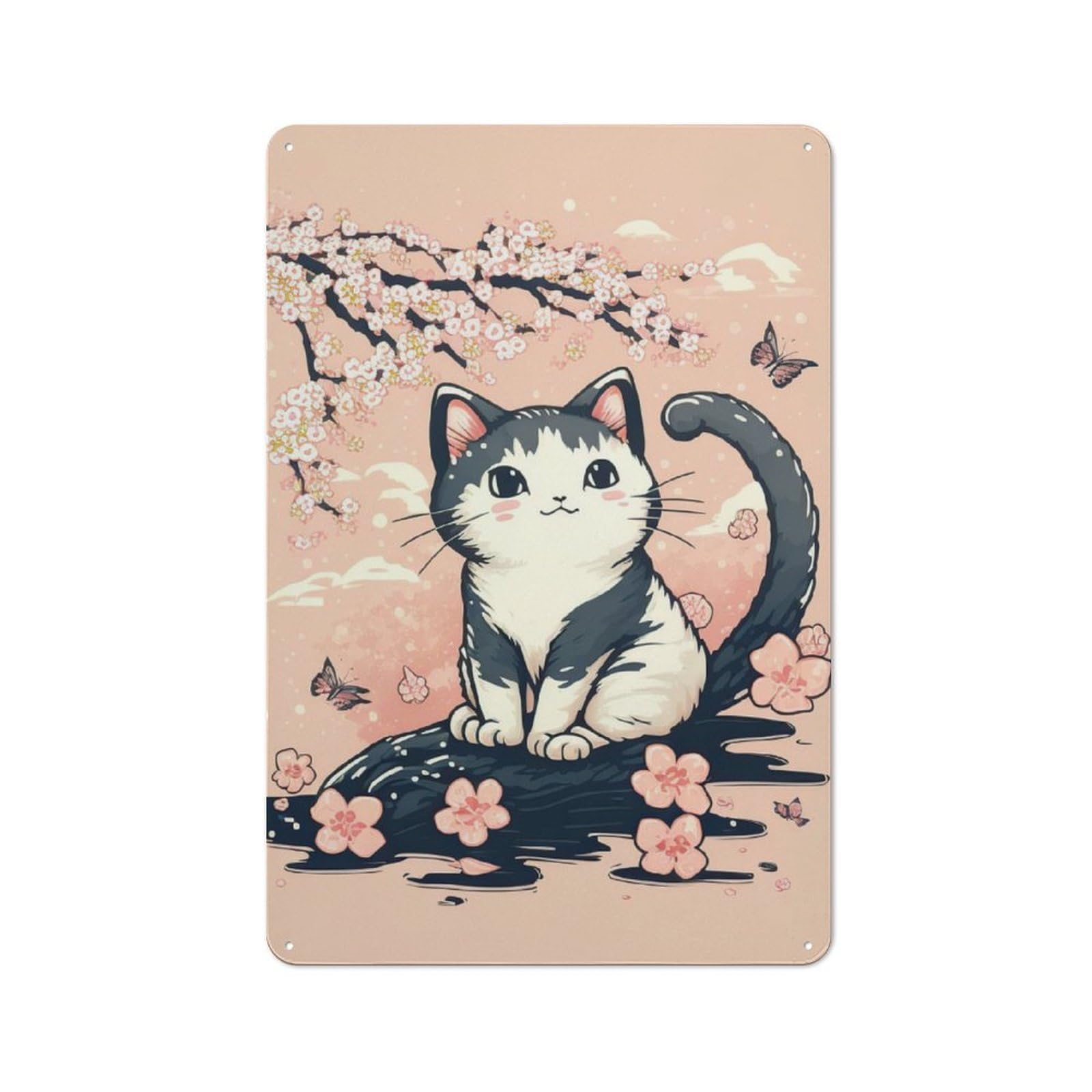Junmoney Cat Cherry Blossoms Tin Wall Plaque 30X20cm With For Workshop Wall, Suited To Workshop Decor Fans, For Retro Home Interiors