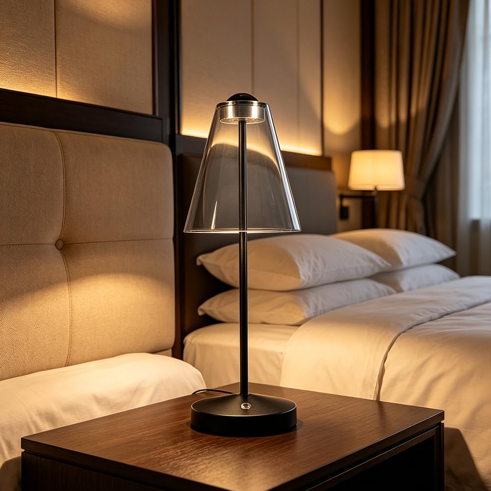 Akku Tischlampe Kabellose 3000K Dimmbar Tischleuchte USB Aufladbar LED Touch Schalter Nachttischlampe Batteriebetrieben Warmes Licht 2 Helligkeitsstufen Metalllampe Schwarz für Esszimmer Terrasse