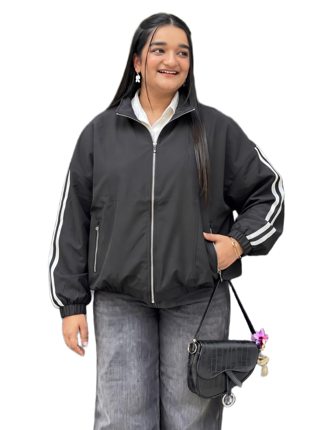 Women's Sporty Windbreaker Jacket – Black Full-Zip Coat with White Racing Stripes, High Neck, Drop Shoulder, Casual Streetwear-picture-28