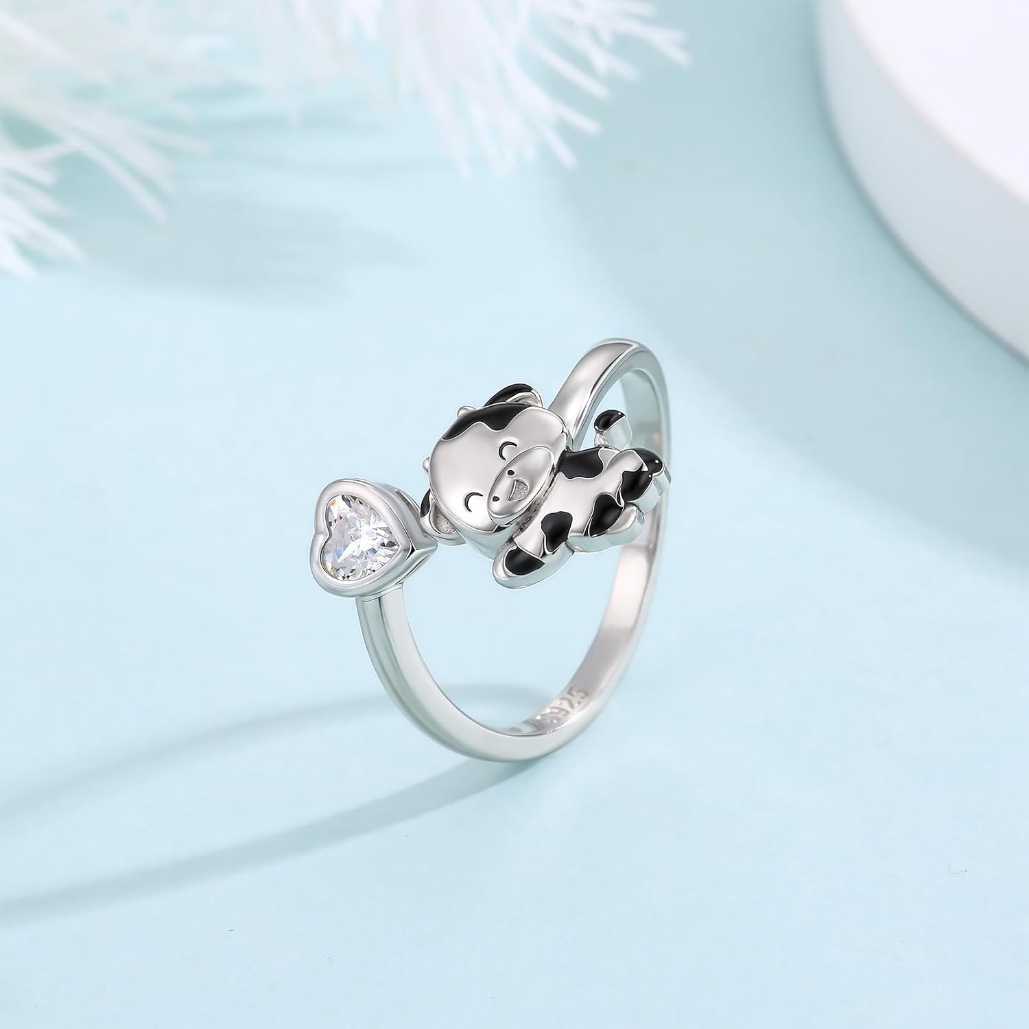 Cow Ring 925 Sterling Silver for Women - Adjustable CZ Animal Stackable Promise Ring for Daughter - Birthday Chiristmas Jewelry Gift