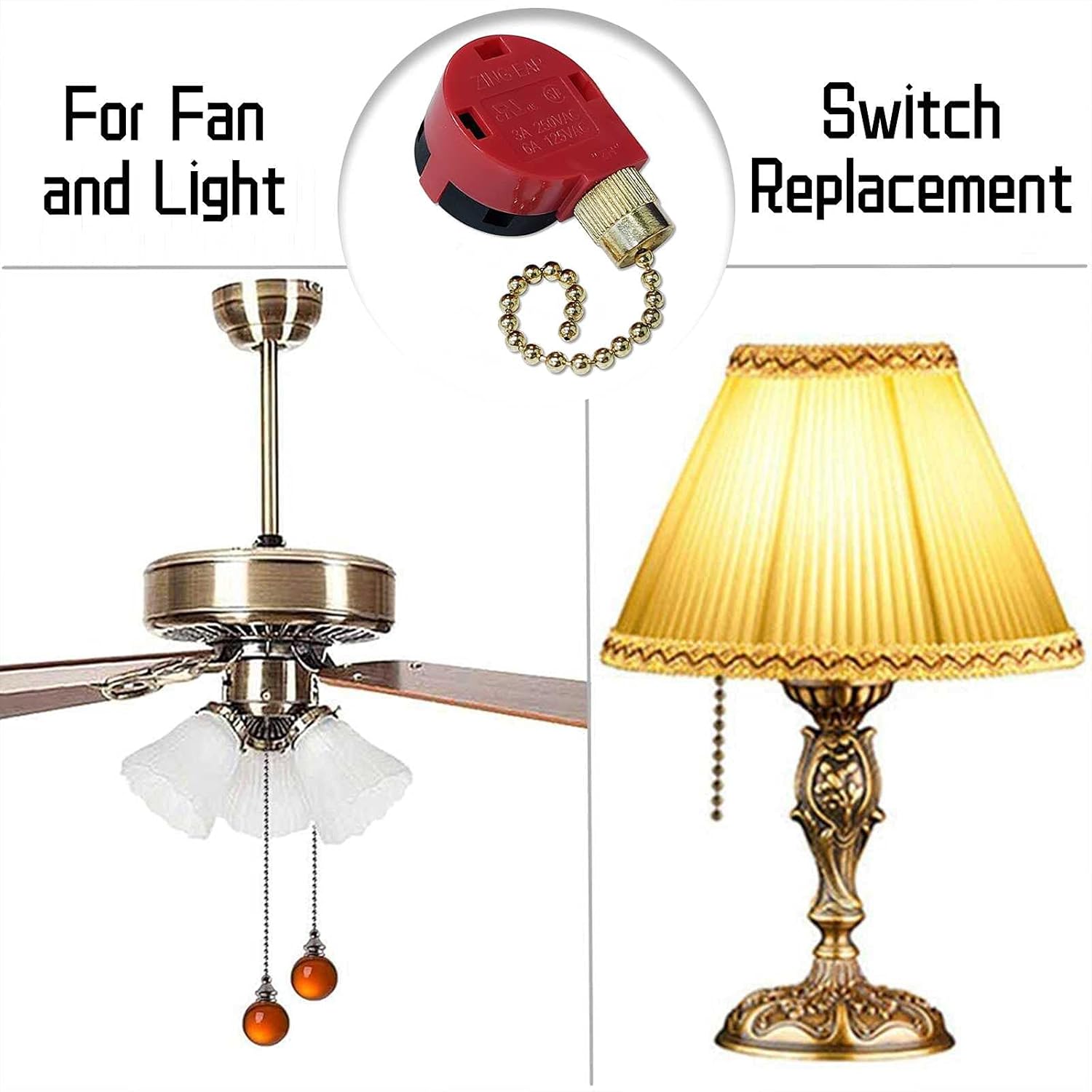 Zing Ear ZE-268S1 Switch 3 Speed 4 Wire Pull Chain Control Brass Replacement for Ceiling Fan Light, Wall Lamps, Cabinet Light, 3pcs