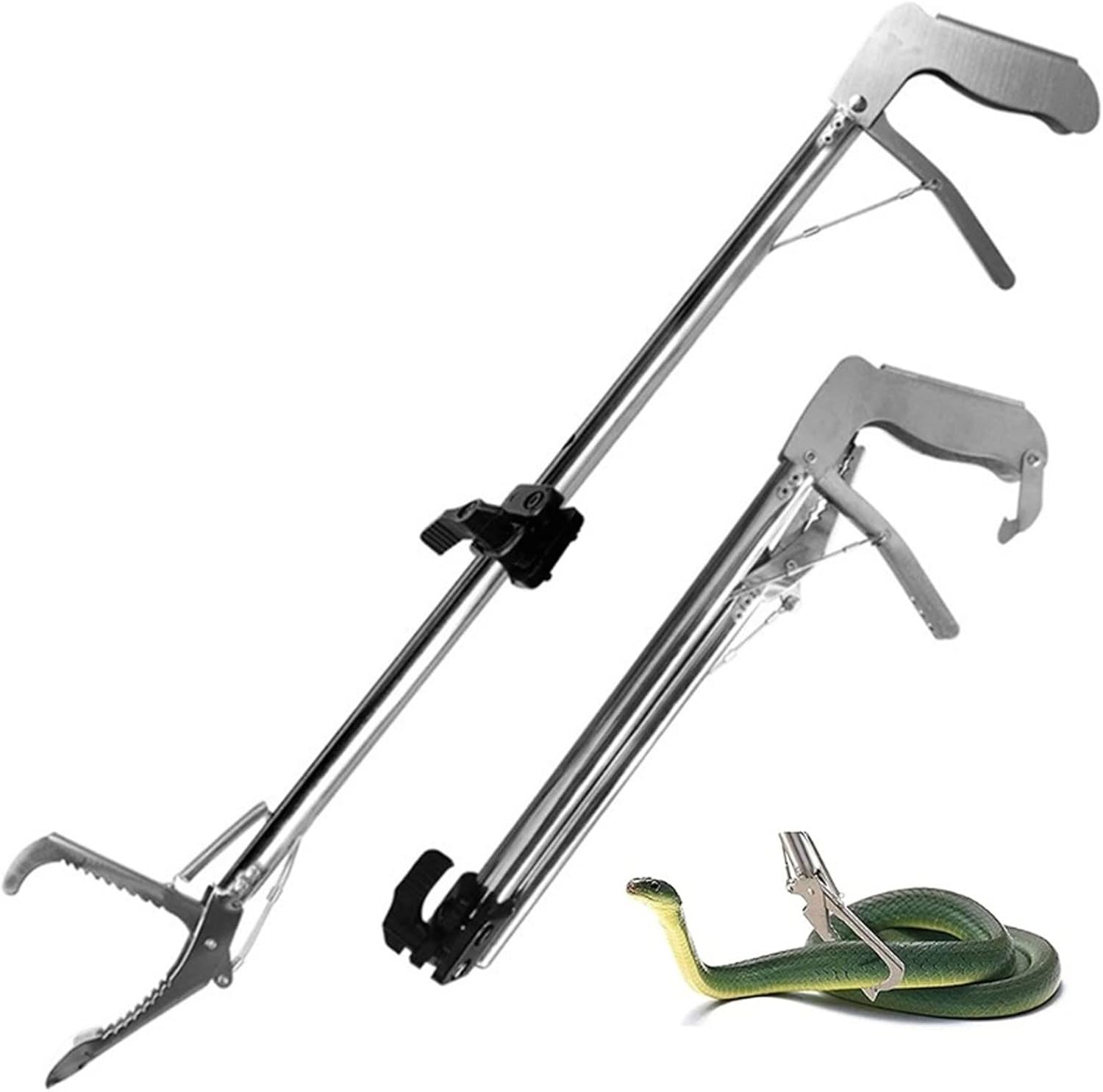 Handling Snake Hooks Heavy Duty Snake Tongs Reptile Grabber Stainless Steel Catcher Wide Jaw with Auto Lock Blunt Teeth Collapsible Design