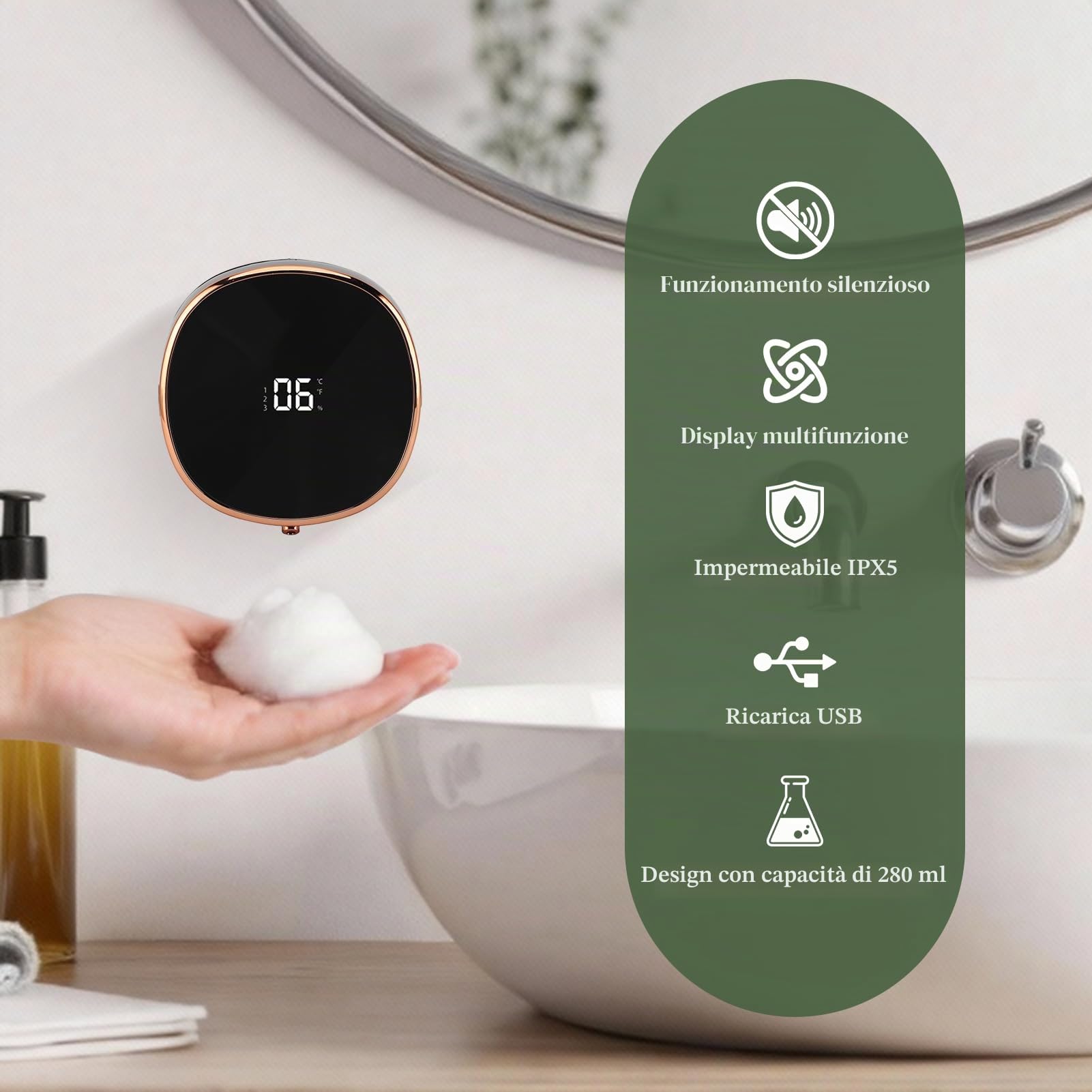 Dispenser automatico di sapone Dispenser di sapone schiumogeno Dispenser di sapone touchless Dispenser di sapone elettrico a parete Dispenser di sapone manuale con (Nero)