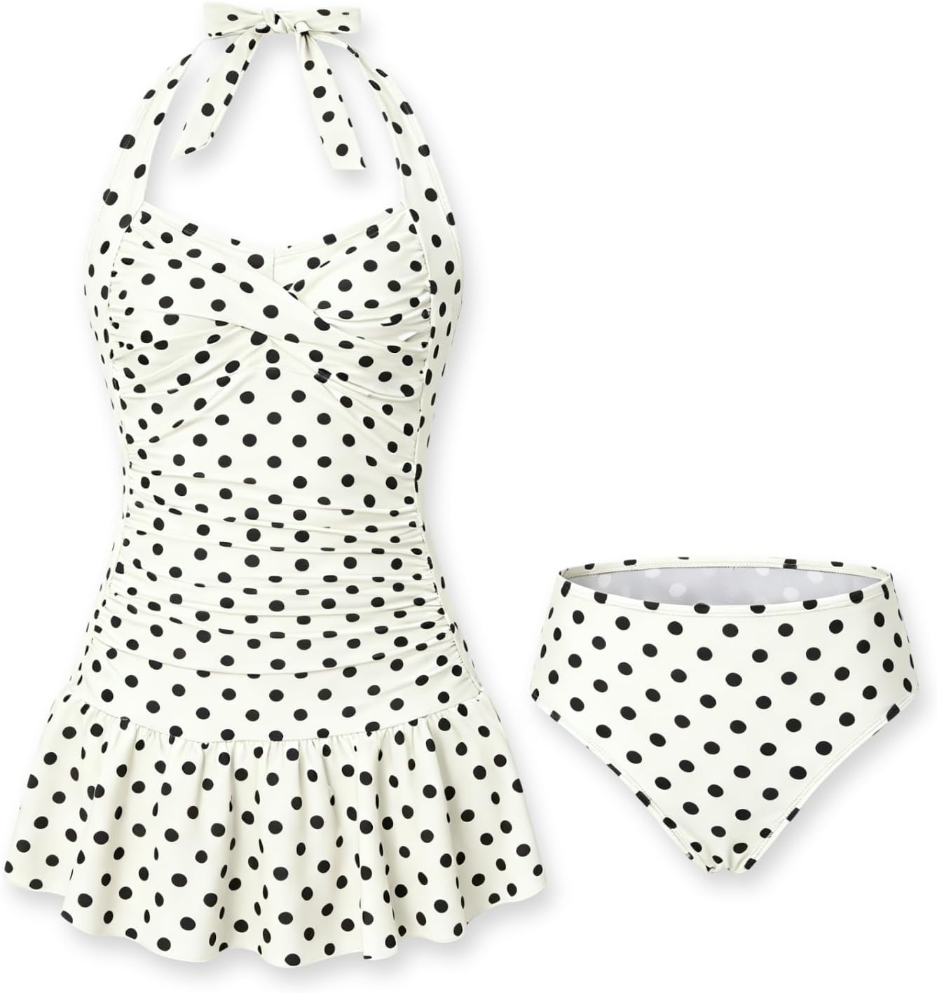 Size 10-17Y Teen Girls Swimsuits Halter Neck Polka Dots Two Piece Cover Up Skirt Bathing Suit Swimwear
