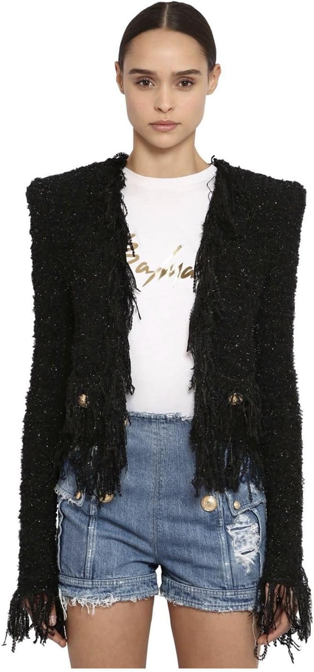 Women's Long Sleeve Plaid Tweed Open Front Cropped Jacket Work Office Pink Blazer Fashion Winter Coat