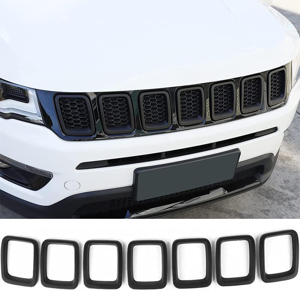 Front Grille Grill Inserts Cover Compatible with Jeep Compass 2017 2018 2019 2020 2021 ABS Grill Cover Rings Frame Trims Kit 7PC (Matte Black)