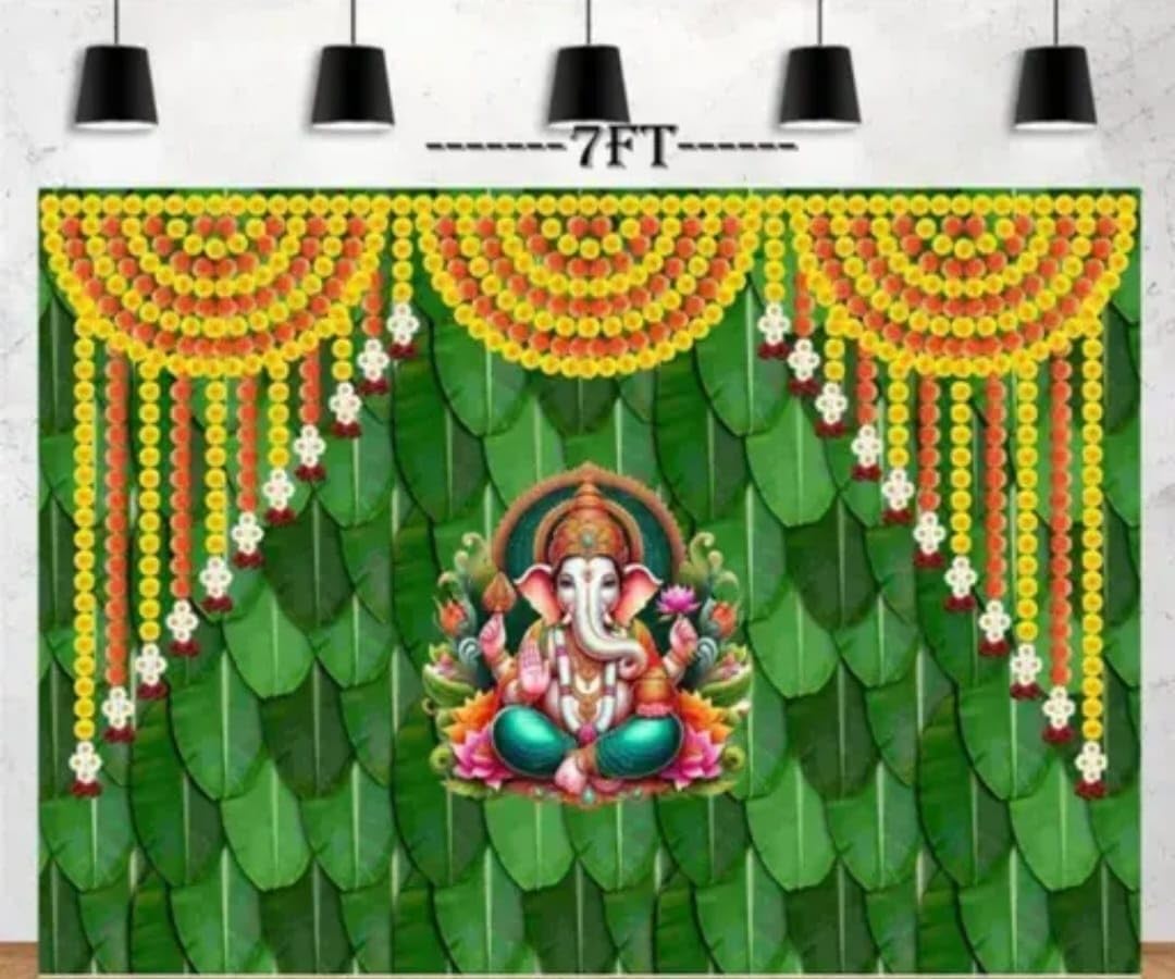 Ganesh Backdrop Decoration Cloth for Pooja Traditional House Warming Flowers Curtain 8X5 Cloth-image-42
