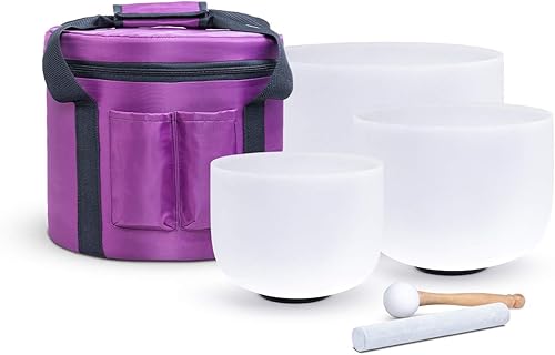 KVKA Juego de 3 cuencos de cristal de cuarzo esmerilado de chakras de 8 a 12 pulgadas con estuche de transporte, 12 pulgadas de C, 10 pulgadas, F 8