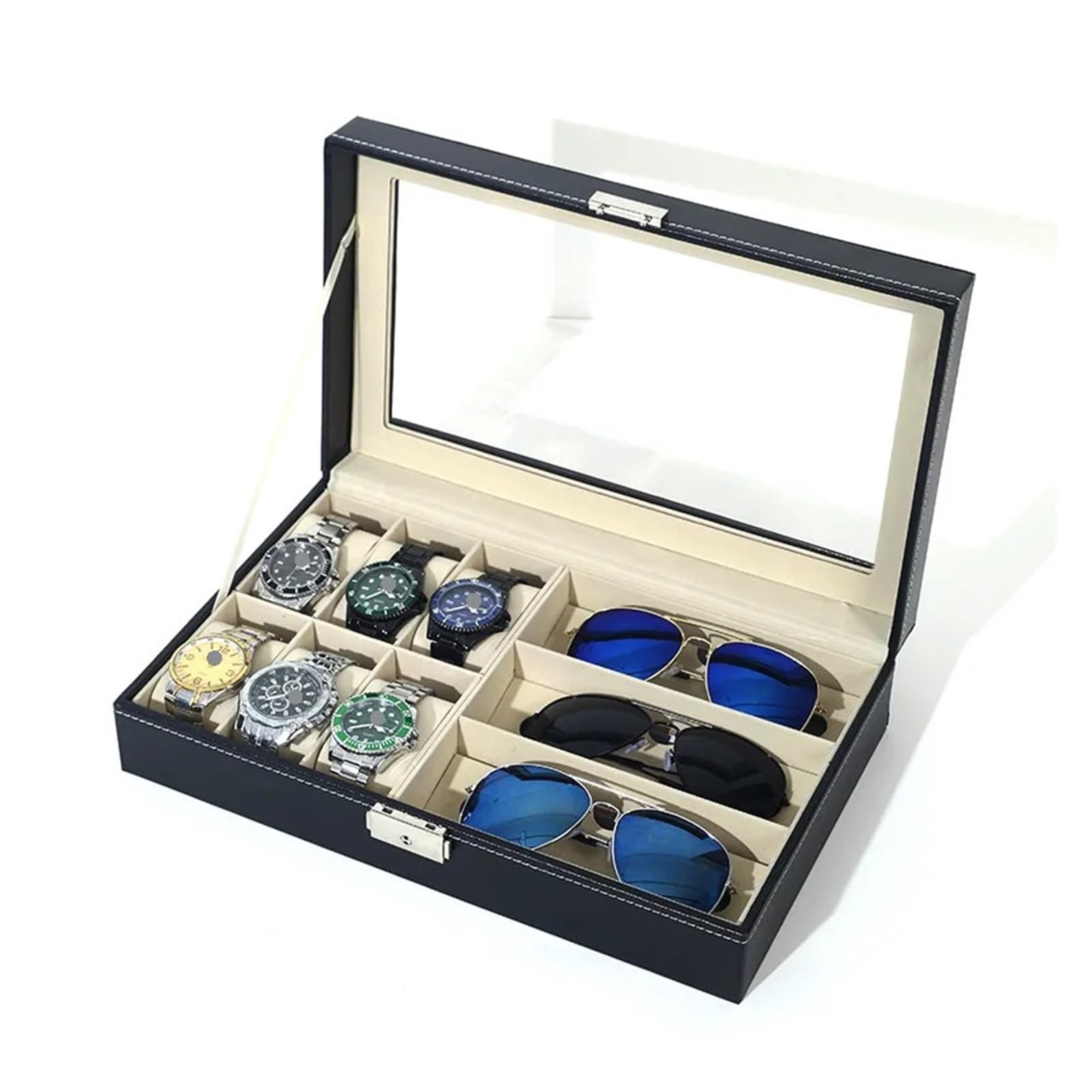 Staubdichte Uhrenbox aus Pu-Leder mit 6 Positionen, 3 Sonnenbrillen-Vitrine, Aufbewahrungstasche, Uhrenarmbänder-Aufbewahrungsbox zur Aufbewahrung von Uhren(Outer Black inner Rice)