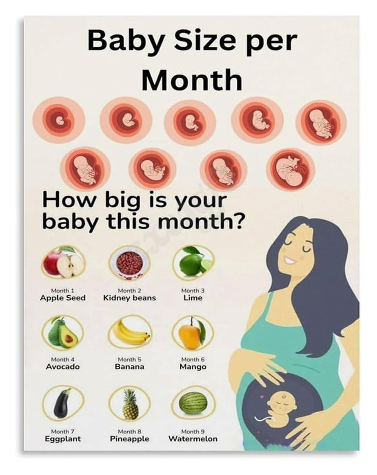 UYCUODLUY Size By Week Poster Fetal Growth Comparison Pregnancy Milestone Educational Wall Decor For Bedroom