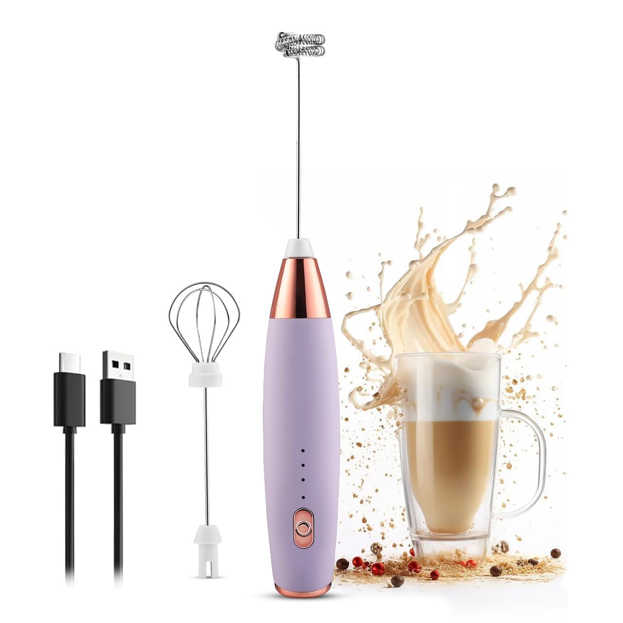 QLECT Pro 3 Speed Electric Milk Cofee Frother with Whisk | Wireless | Rechargeable Heavy Duty 1200 MAH Battery | 12000 RPM | Uses- Blender/Beater/Stirr/Foamer/Whipper/Cream Spinner (Purple)