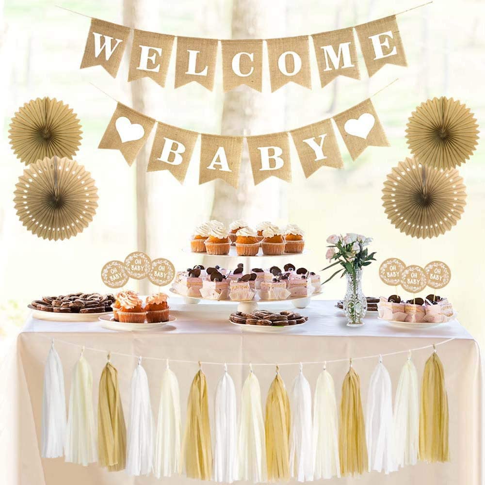Welcome Baby Banner, Hanging Burlap Vintage Rustic Welcome Baby Banner Swallowtail Flags, Shower Decor Welcome Sign Celebration Supplies for Boy Girl Baby Shower Decorations and Gender Reveal Party